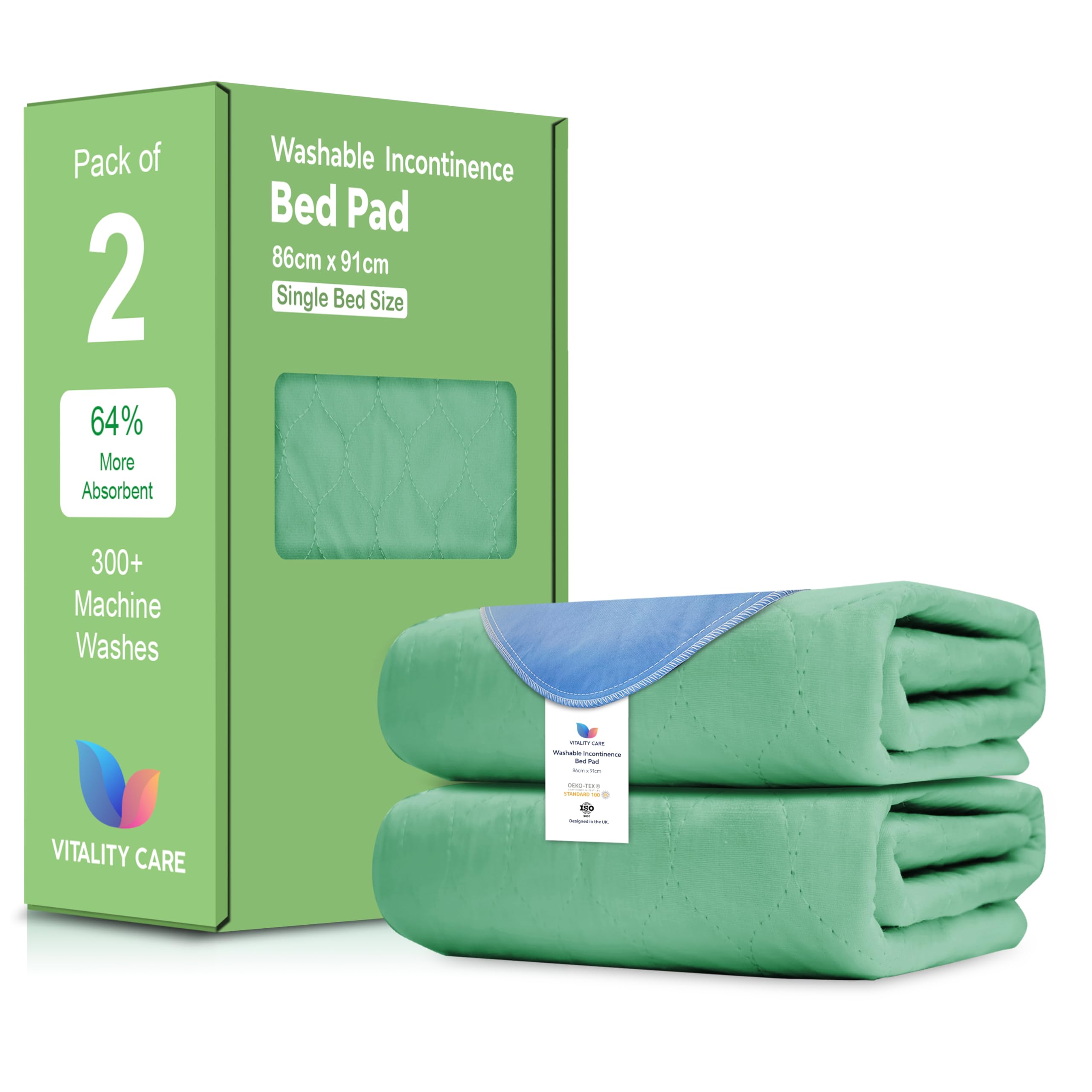 Vitality Care Green Washable Incontinence Bed Pads With Waterproof Layer, Tuck-In Flaps, Polyester Cotton Rayon Blend, Ultra-Absorbent Core, 86X91cm (Pack Of 2)