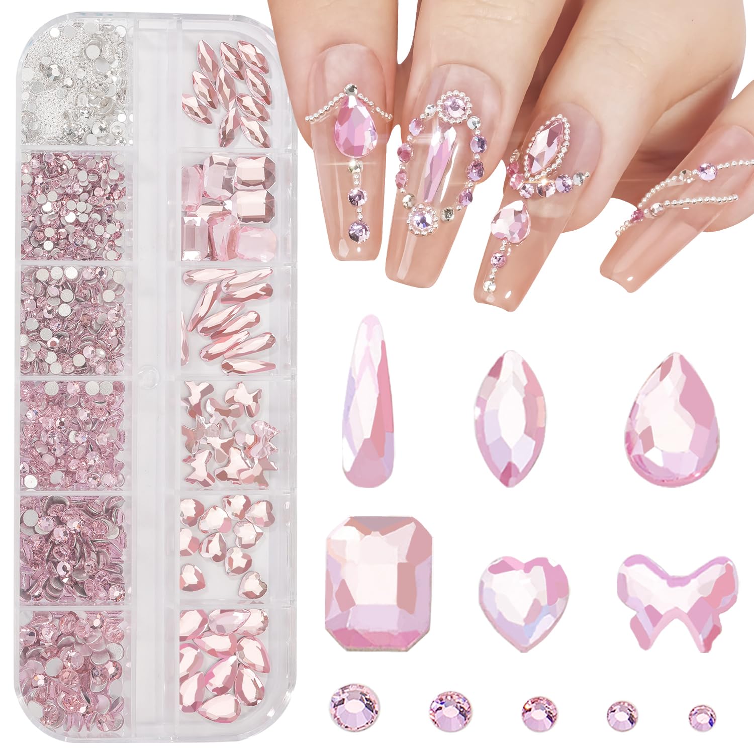 Multi Shapes Light Pink 3D Glass Crystal Nail Rhinestones Kit Mix 0.8mm Silver Nail Round Beads Charm Flatback Gems 5 Grids Flatback Rhinestones Stone Diamond for Manicure Makeup DIY Decoration