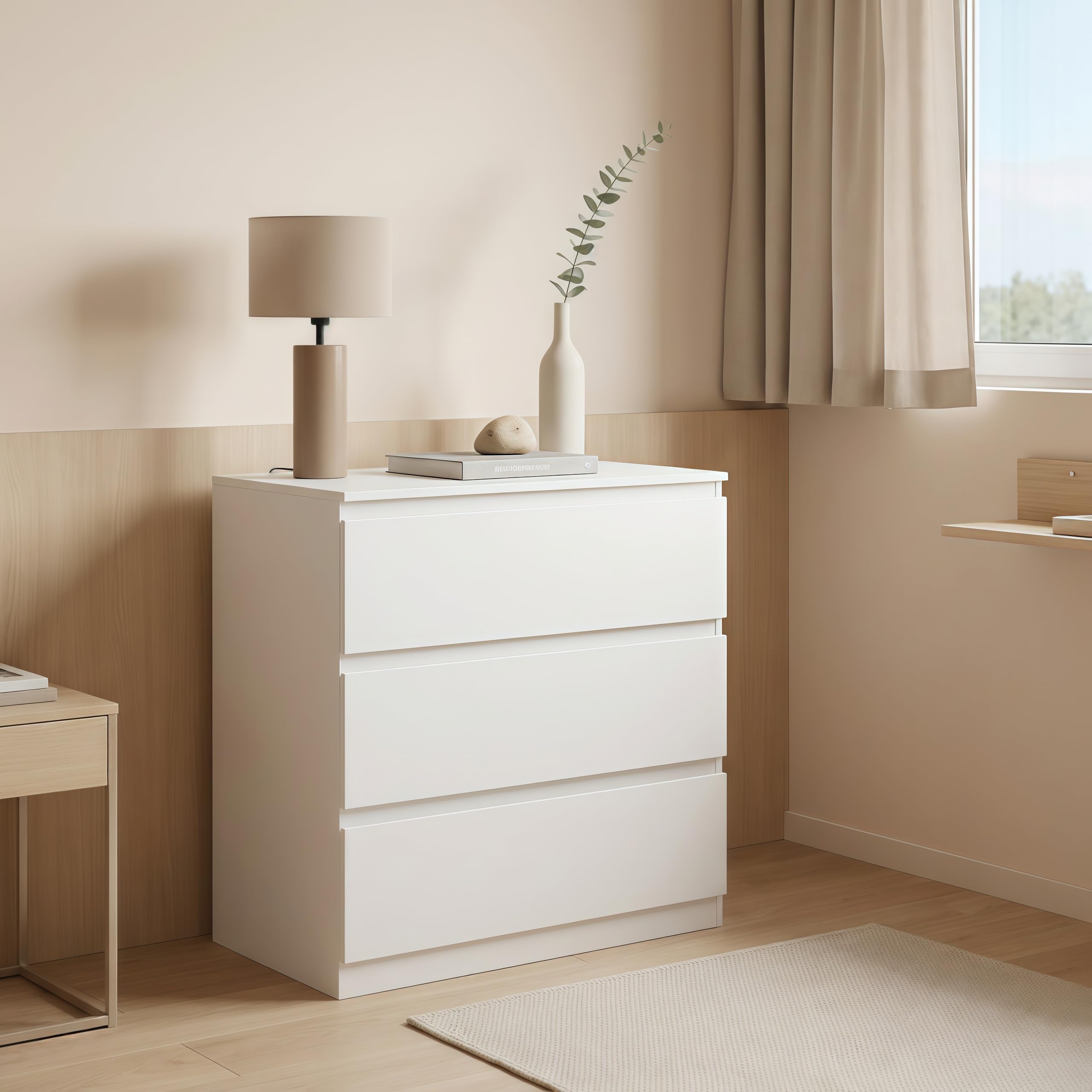 Kommode weiß mit 3 Schubladen, 70 cm Breite Schubladenschrank & Sideboard, Stauraum Kommodenschrank für Schlafzimmer, Wohnzimmer, Büro und Eingang, 70x40x75 cm (LxBxH)