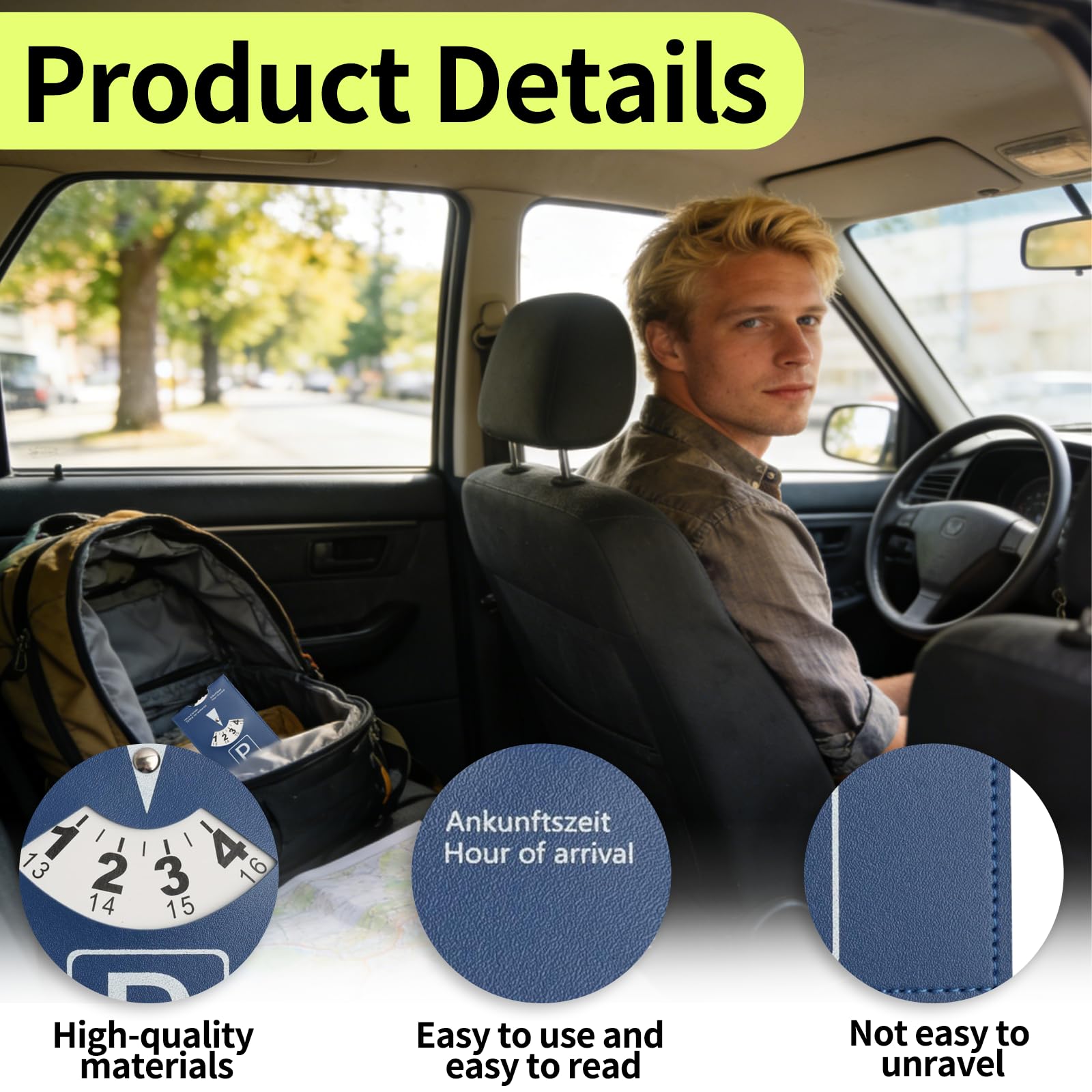 Disco horario Europeo para estacionamiento 1 Unidad Grande 10x13 cm Color Azul en Cuero sintético Suave para Coche Moto y Autocaravana Uso Urbano y Viajes
