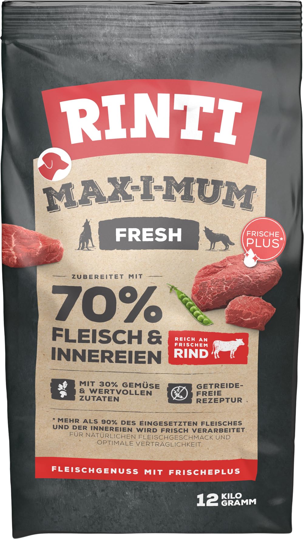 RINTI - Max-i-Mum | Trockenfutter für ausgewachsene Hunde mit 70% Fleisch & Innereien. Getreidefreies Alleinfutter im Beutel mit ausgewogenem Protein-/Fett-Verhältnis | 12kg Rind