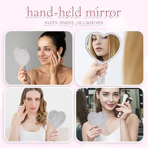 Miniatura 6 de Lioaeust 2 espejos de mano brillantes con asa, espejo de mano en forma de corazón de diamantes de imitación brillantes, bonitos espejos de mano
