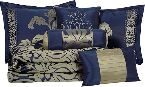 Miniatura 7 de Chezmoi Collection Juego de edredón floral jacquard de 7 piezas (Queen, azul marinodorado)