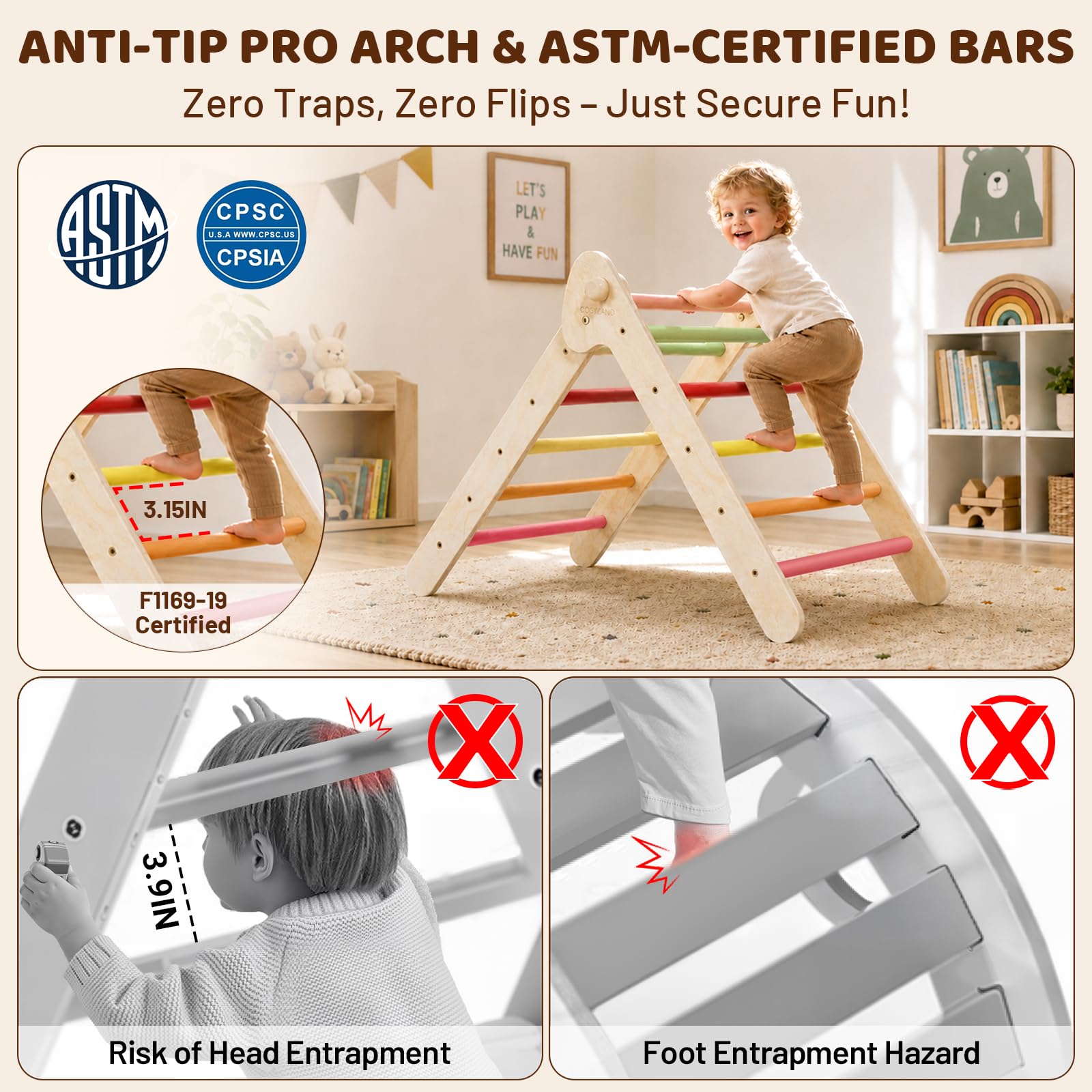 COSYLAND Triangolo da Arrampicata Montessori con Arco e rampa, Set Pieghevole per Bambini, Giocattolo in Legno Resistente per Interni, Bambini da 18 Mesi a 6 Anni