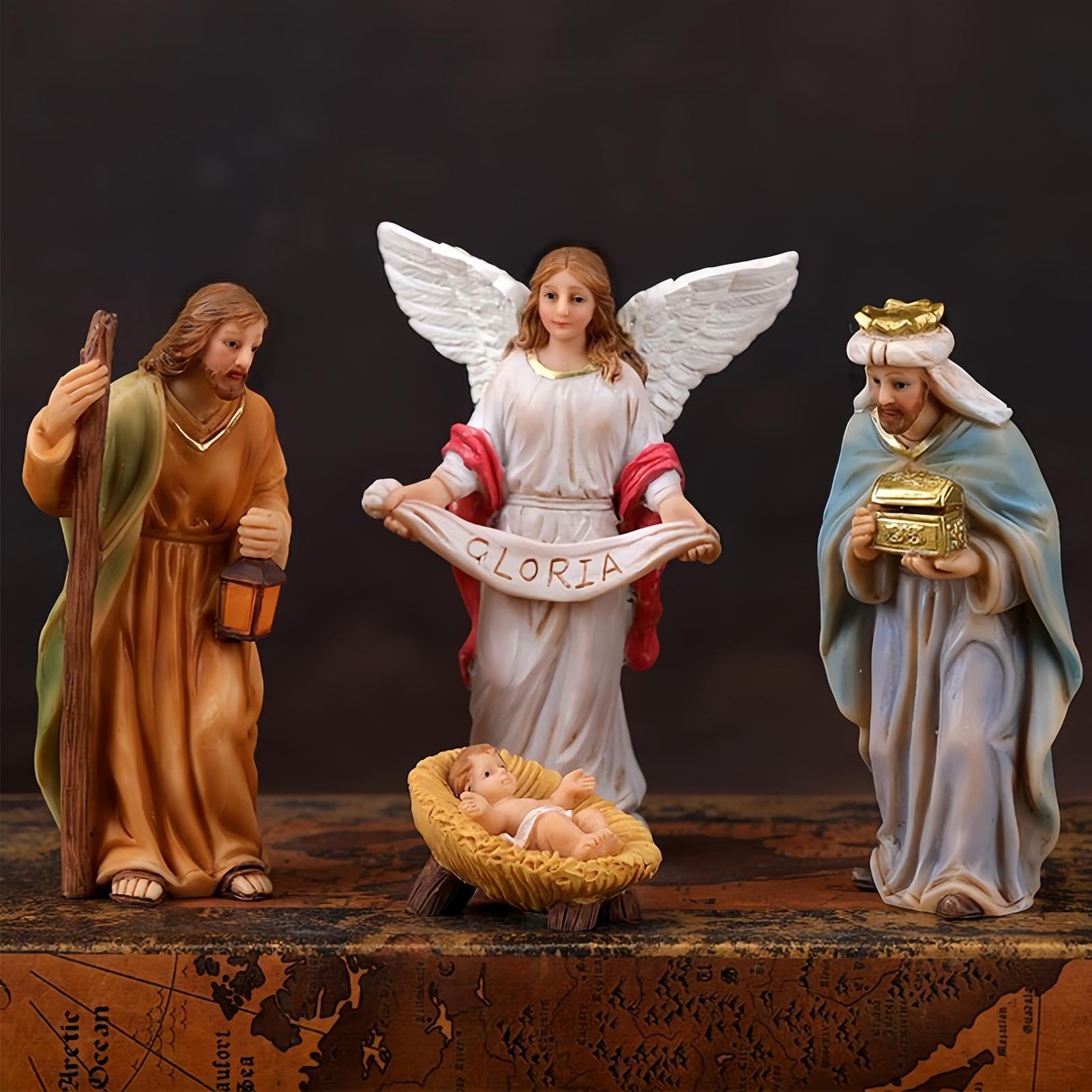Belén de Navidad - Decoraciones navideñas con figuras religiosas Jesús | Decoración de mesa de escenario de la Sagrada Familia | tradicional de casa de vacaciones, para jardín al aire