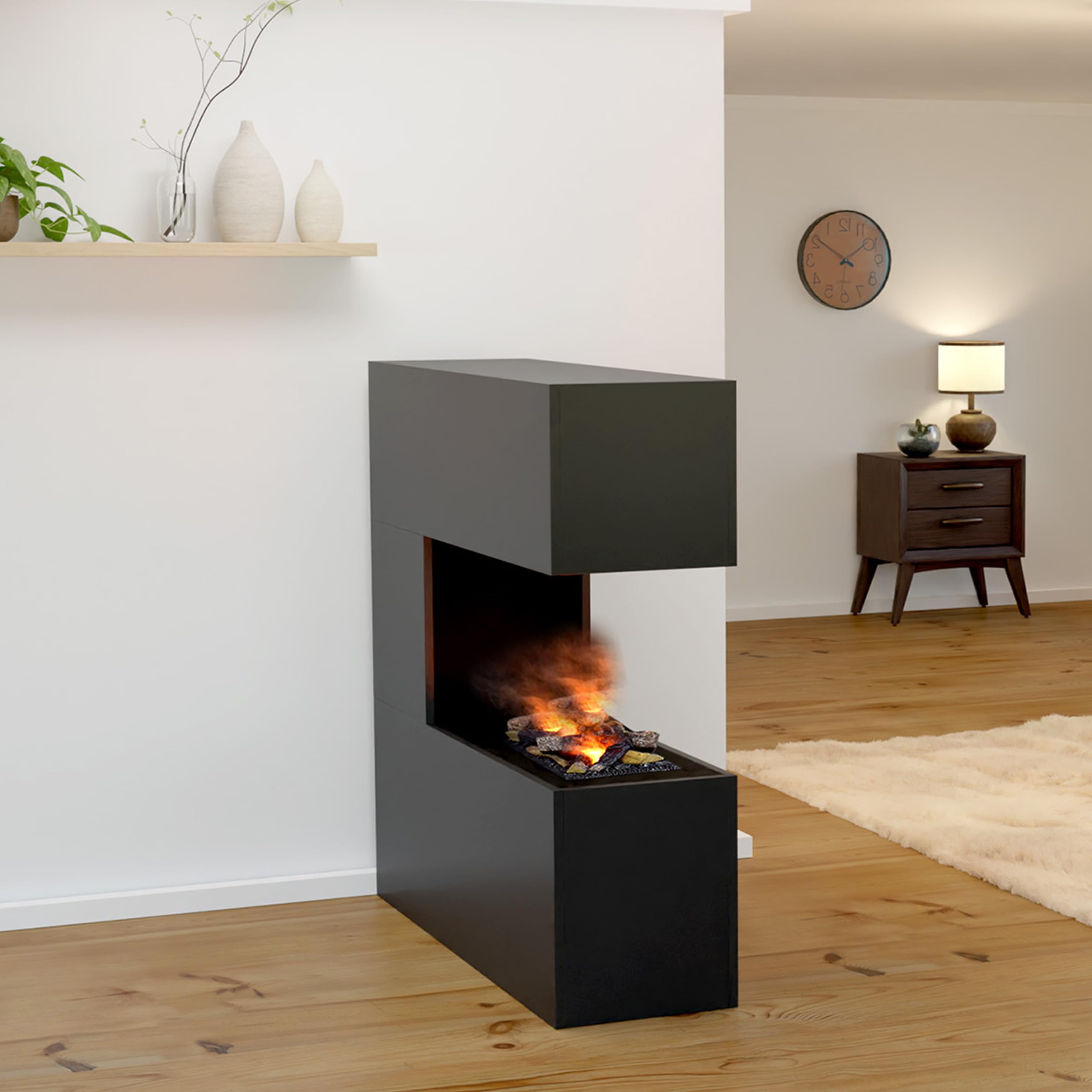 GLOW FIRE Kominek stojący na parę wodną SCHILLER - Elektryczny z realistycznym efektem 3D LED, trzaskiem, pilotem, 120x120x37 cm - Opti-Myst 600 z dekoracją drewnianą, Szary