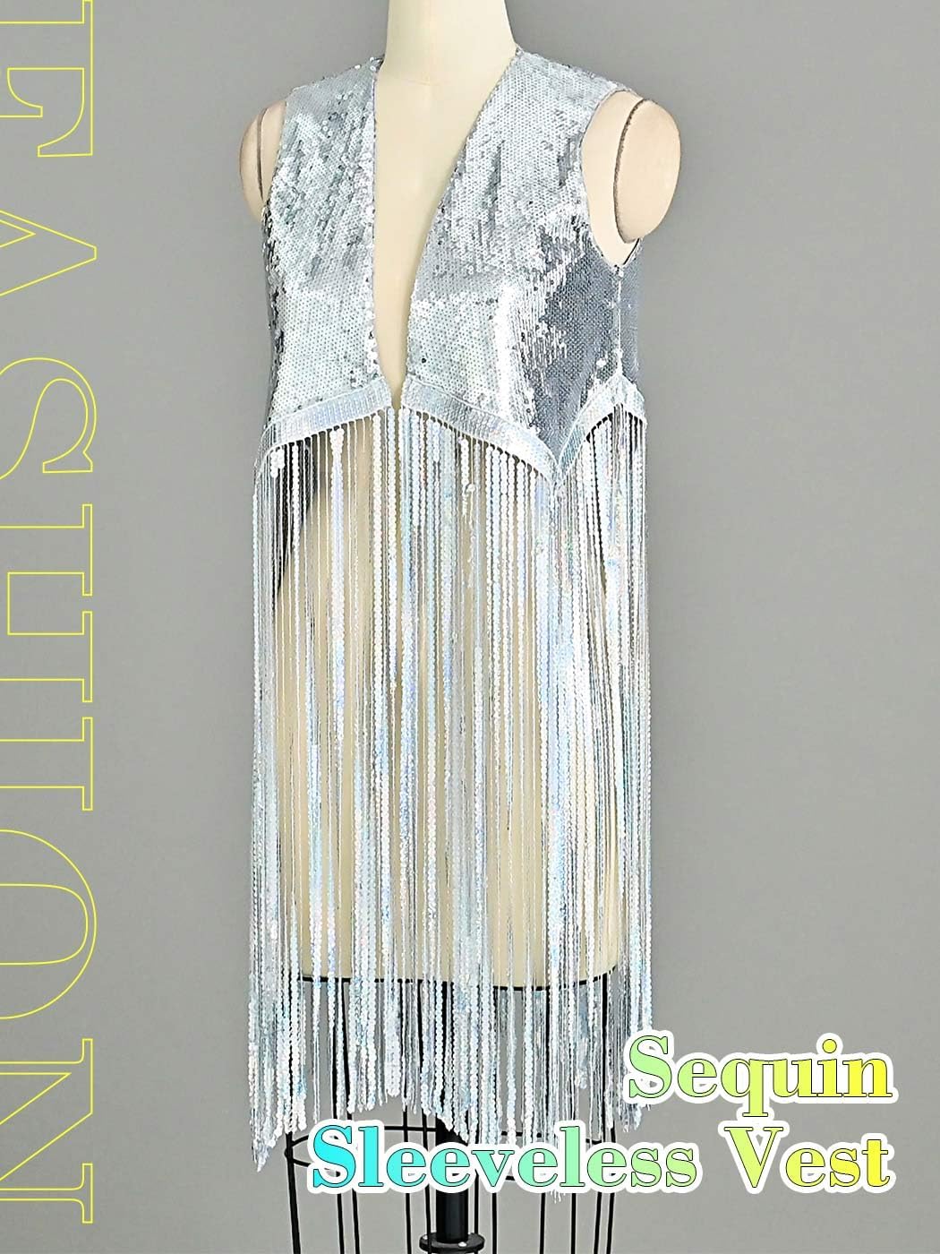 Asooll Sequin Fringe Vest Silver Sparkly Tassel Jackets Disco Outfits for Women - Image 2