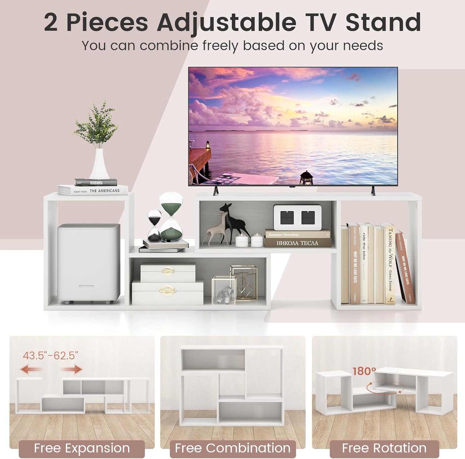 Giantex Bookshelf TV Stand for TVs up to 55", 2 Pieces Free-Combination Entertainment Center with Storage Cubes, Modern Media TV Console Table, Open Storage Bookcase for Living Room, Bedroom (White)