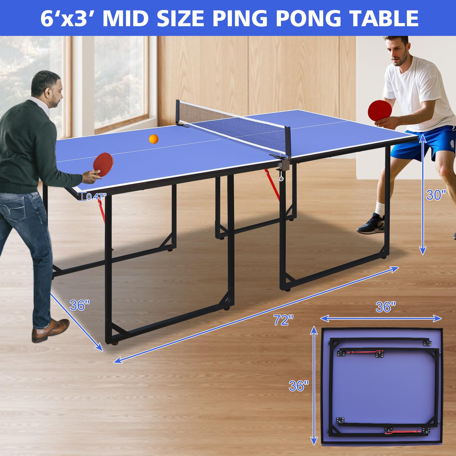 Portable Ping Pong Table 4.5FT/6FT Foldable Compact Space-Saving Design, Multi-Use Table Tennis Table for Adults Indoor/Outdoor Game - 3