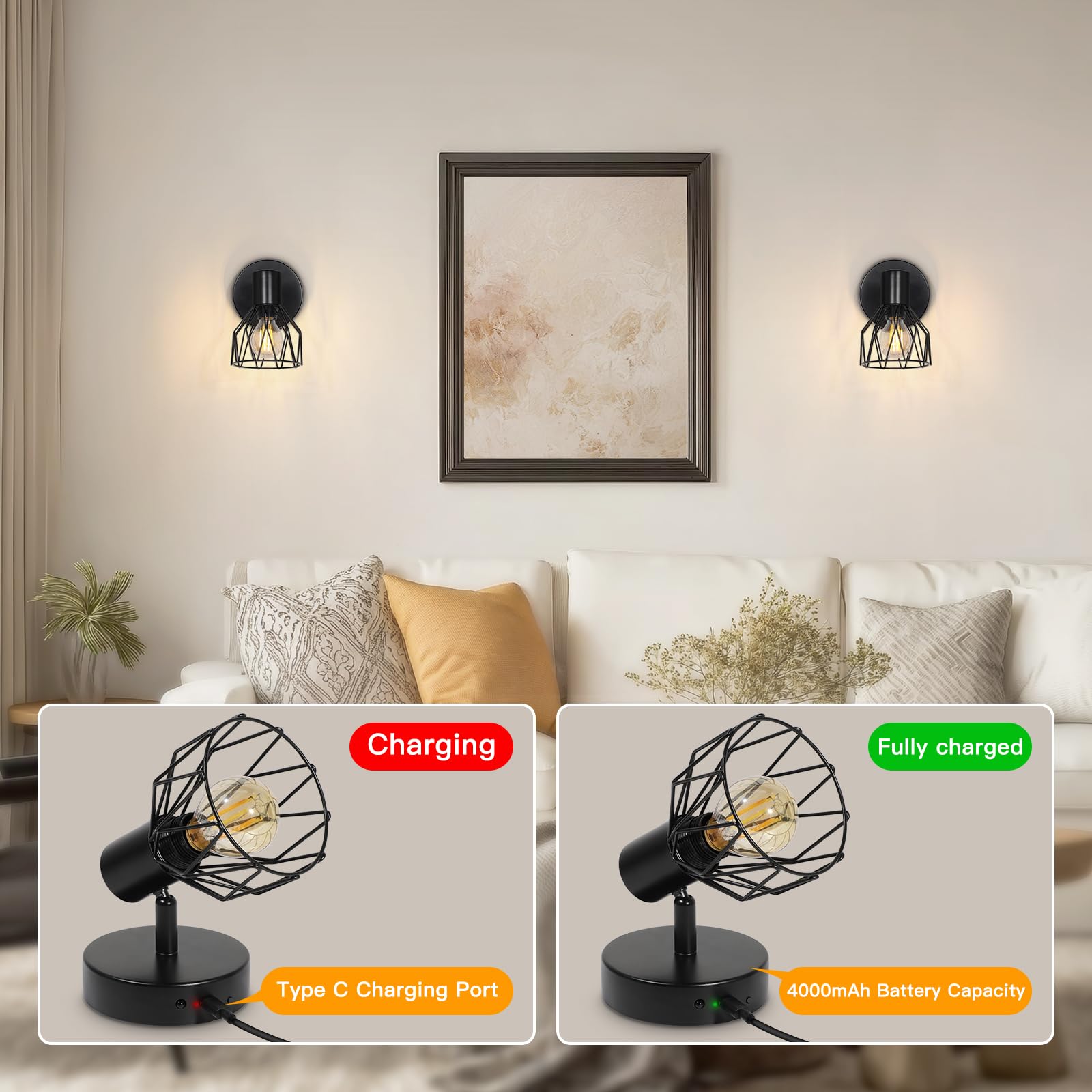 Aplique de Pared Interior a Pilas, Lampara de Pared LED Sin Cables, Apliques Dormitorio con Luz Regulable Bombilla con 3 Temperaturas de Color, Mando para Salón, Pasillo-2 Piezas