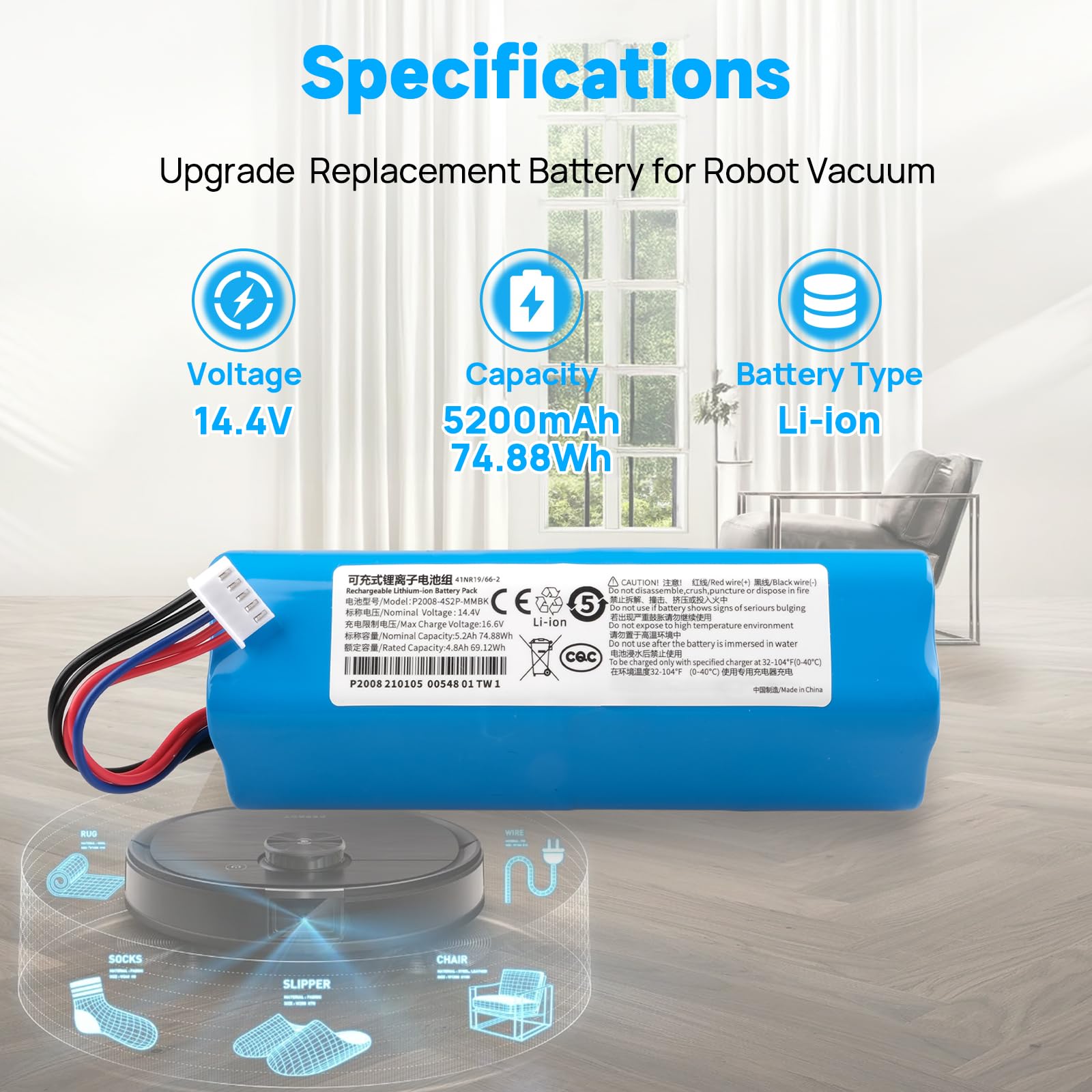 Akumulator 5200 mAh kompatybilny z Ecovacs Deebot T5 T8 T8+ T9 T9+, Deebot T10 T9 Ozmo 950 DX65 DX93 DX96 X1 Omni X1 Turbo X1 Plus DLX11-21/61 DBX11-11-11 /21 Aspire radery, S10-LI-144-5200 201-1913