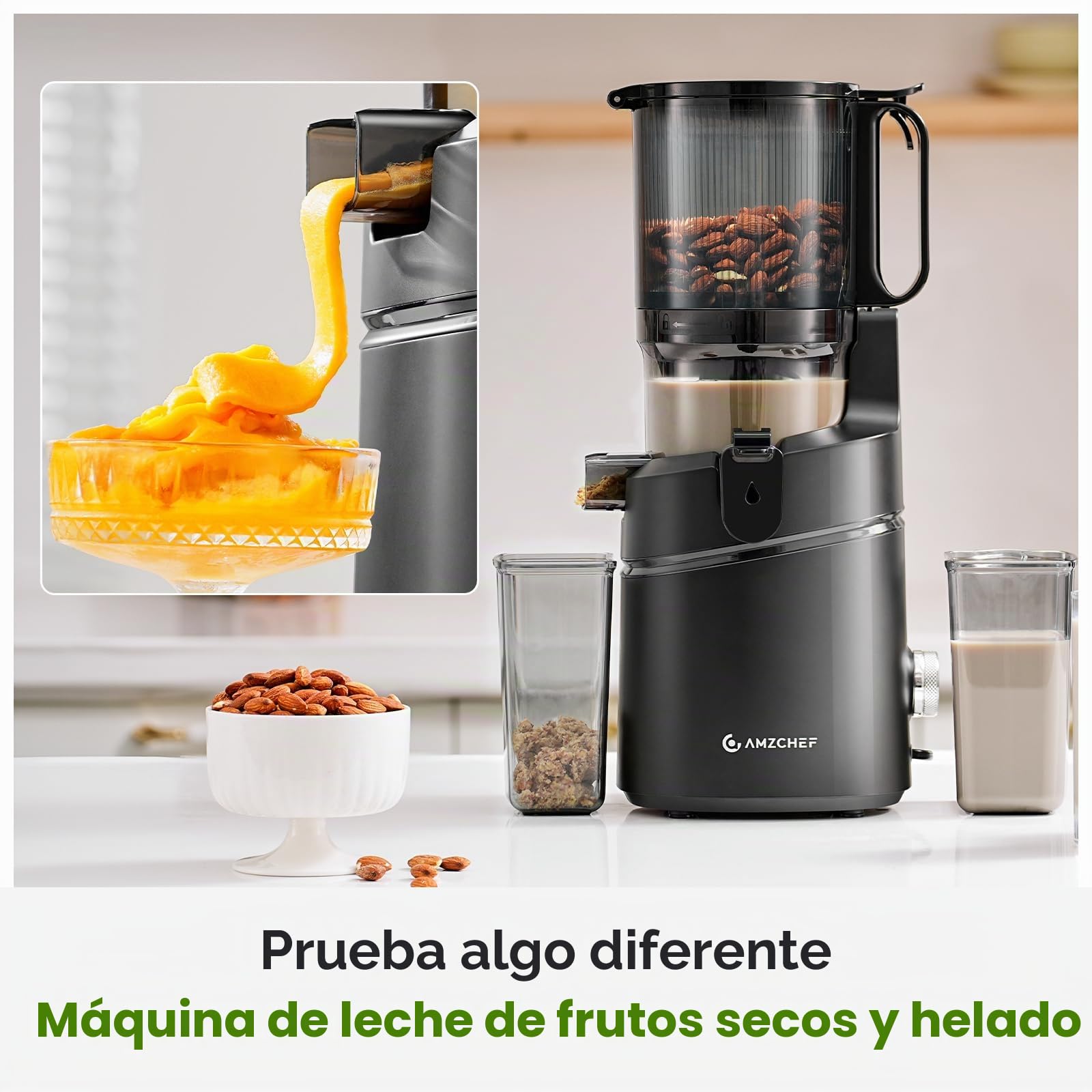 AMZCHEF Extractor de Zumos y Verduras Automático, 145MM Apertura y 1,8L Capacidad Licuadora para Verduras y Frutas Entera, 250W Licuadora Prensado en Frio Lento con Triple Filtro - Negro