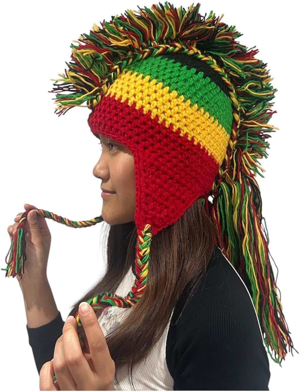 Hand-Knitted Multi-Block Striped Mohawk Hat | Handmade in Nepal | 100% Wool Winter Hat with Earflaps, Fleece Lining & Braided Tassels – One Size Rasta - Image 5