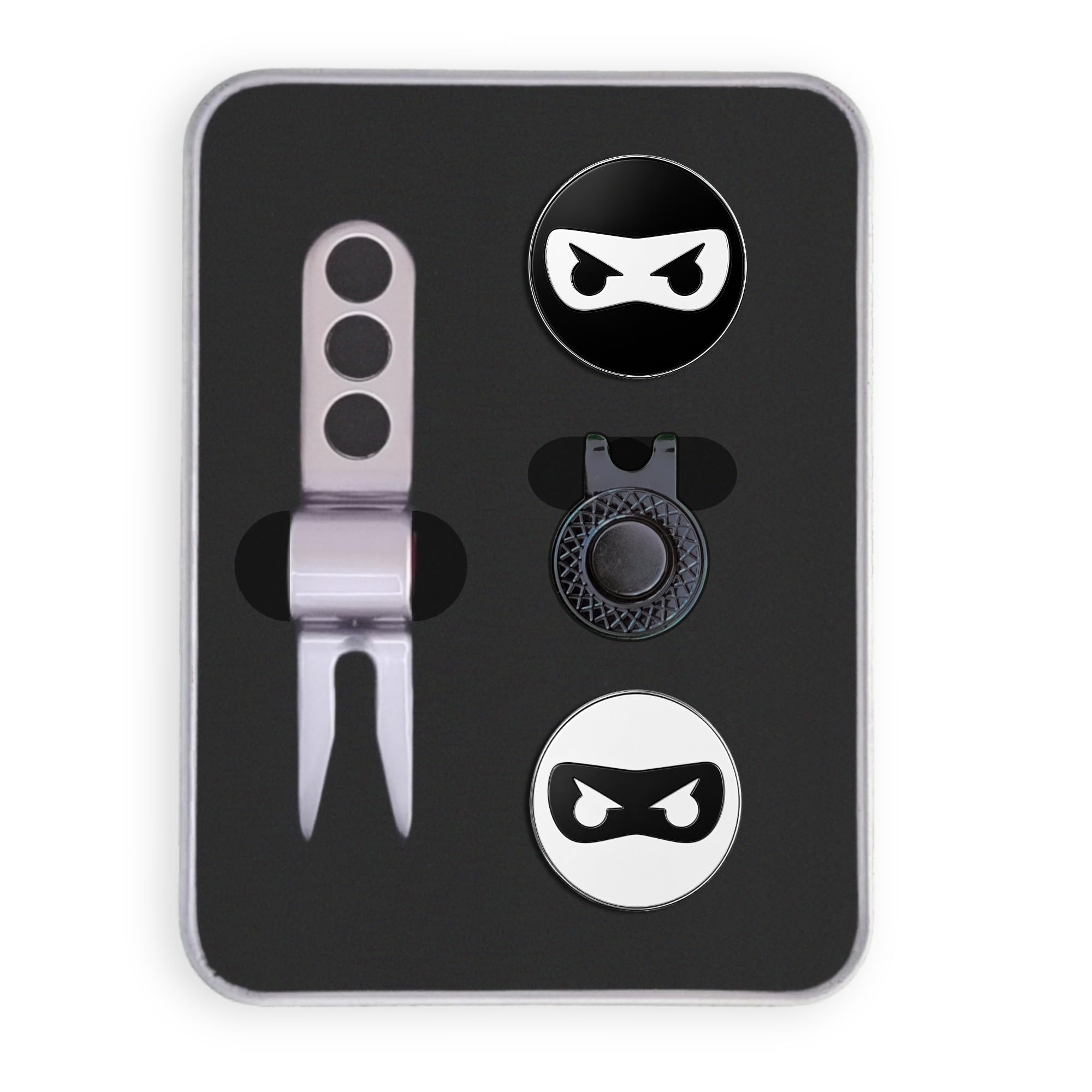 Ninja Golf Ball Marker Set + Hat Clip + Divot Tool (Gift Tin)