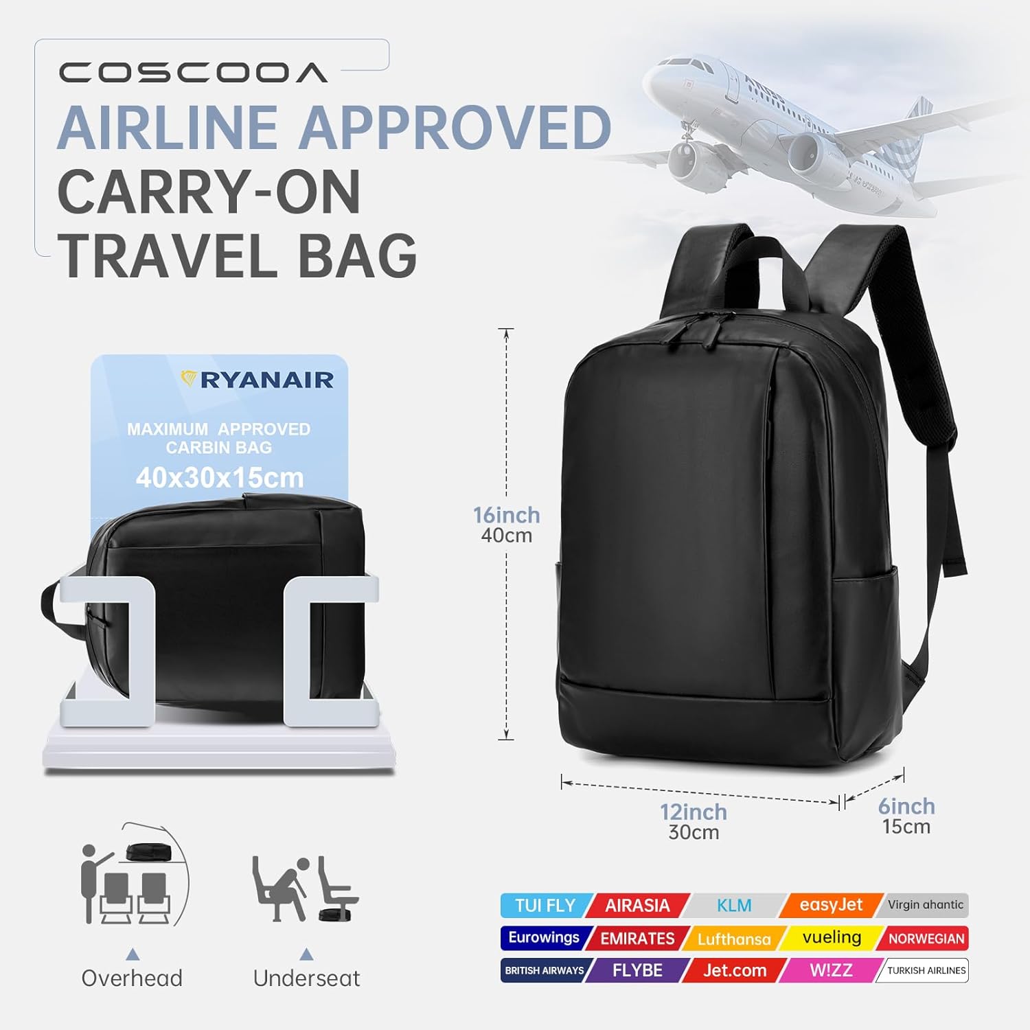 Carry on Travel Backpack 20L,Personal Item Bag 40x30x15cm,16x12x6inch Flight Approved Underseat Travel Bag,Cabin Size Luggage Bag,Mochila de Viaje,15.6 inch Laptop Backpack