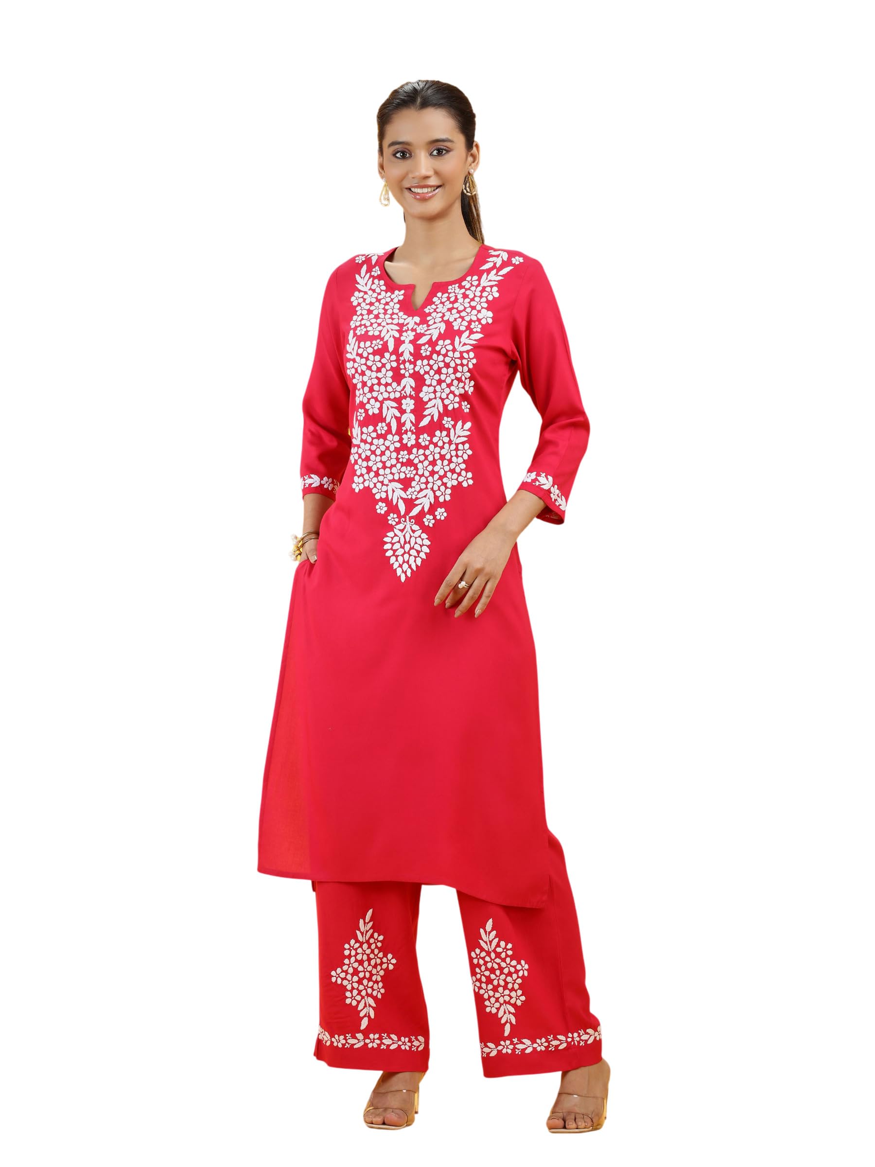 Pink Floral Printed Detailed Embroidered Co-Ord Set-M-image-27