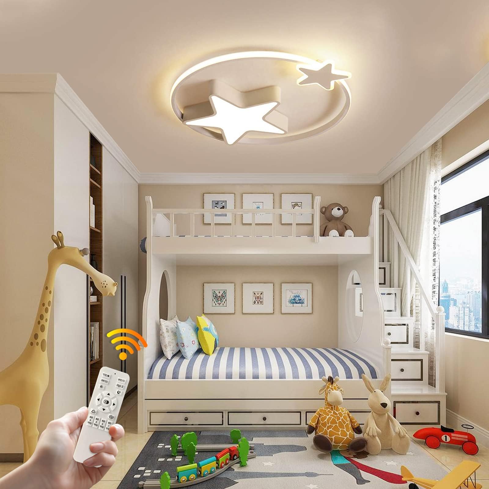 Weiße LED Deckenleuchte | Moderne Runde Kinderlampe | Sterne Sternenhimmel Kinderlicht | Ø55cm 48W | Dimmbar Mit Fernbedienung 2700K-6500K | Kinderzimmer Jungen Mädchen Deckenleuchte Schlafzimmer