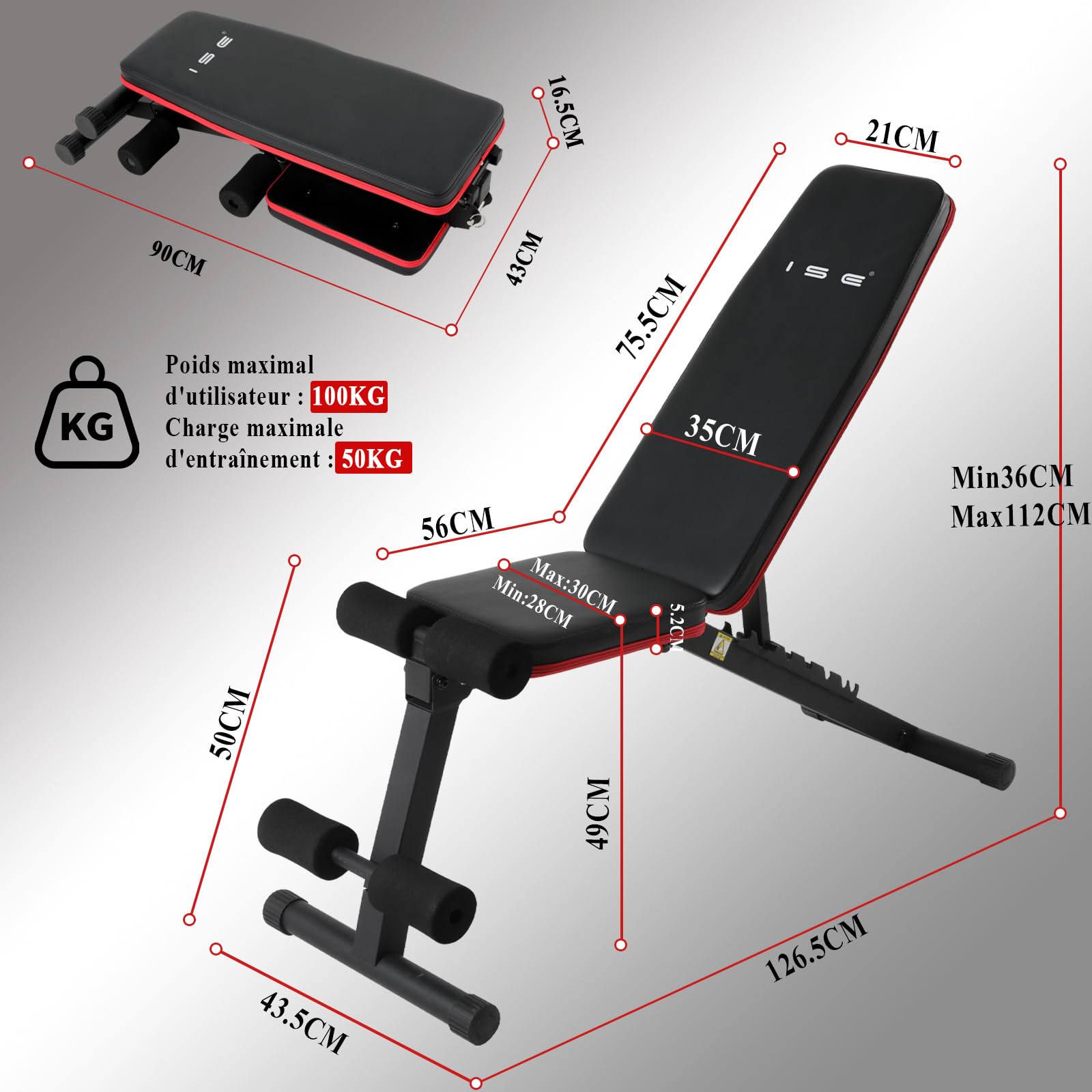 ISE Banc Musculation Pliable/Banc Musculation Plat Pliable, Banc Abdominaux Multifonction, Banc de Musculation Inclinable, Banc Fitness Abdos Réglable 7 Positions, Banc Inclinable Musculation Homme