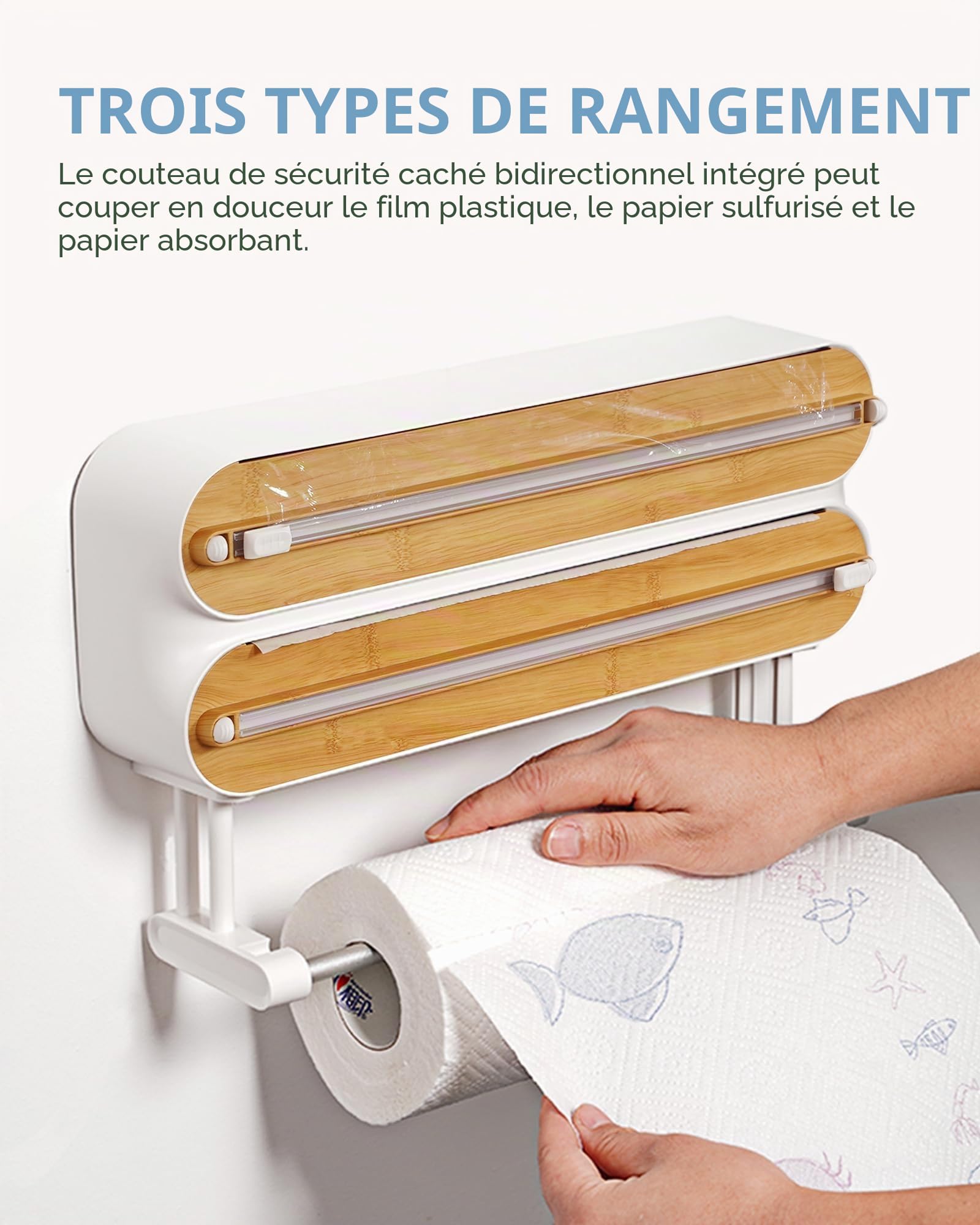 3 in 1 Derouleur Film Alimentaire avec Porte Sopalin Cuisine, Distributeur Film Alimentaire, Magnétique Distributeur Papier Aluminium et Film avec Coupeur (Couleur Bambou et Bois)
