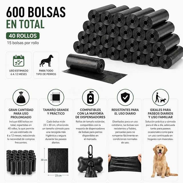 Foto 3 de 7 de KROWN - Bolsas Caca Perro 600 Bolsas, 40 Rollos de Bolsas para Excrementos de Mascotas, Tamaño 23×30 cm…