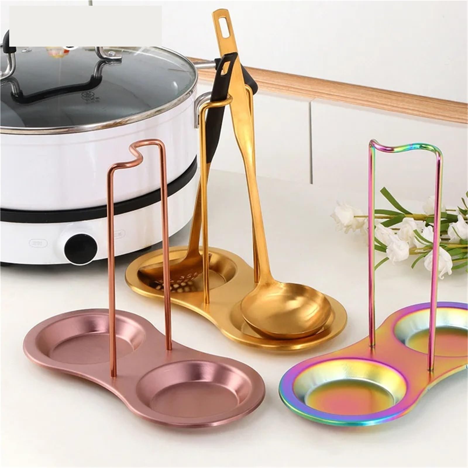 2Pcs Edelstahl Topf Deckel Rack Abnehmbare Pan Abdeckung Regal Multifunktionale Spachtel Halter Löffel Stehen Küche Zubehör für Kochlöffel, Schöpfkellen(Rose gold)