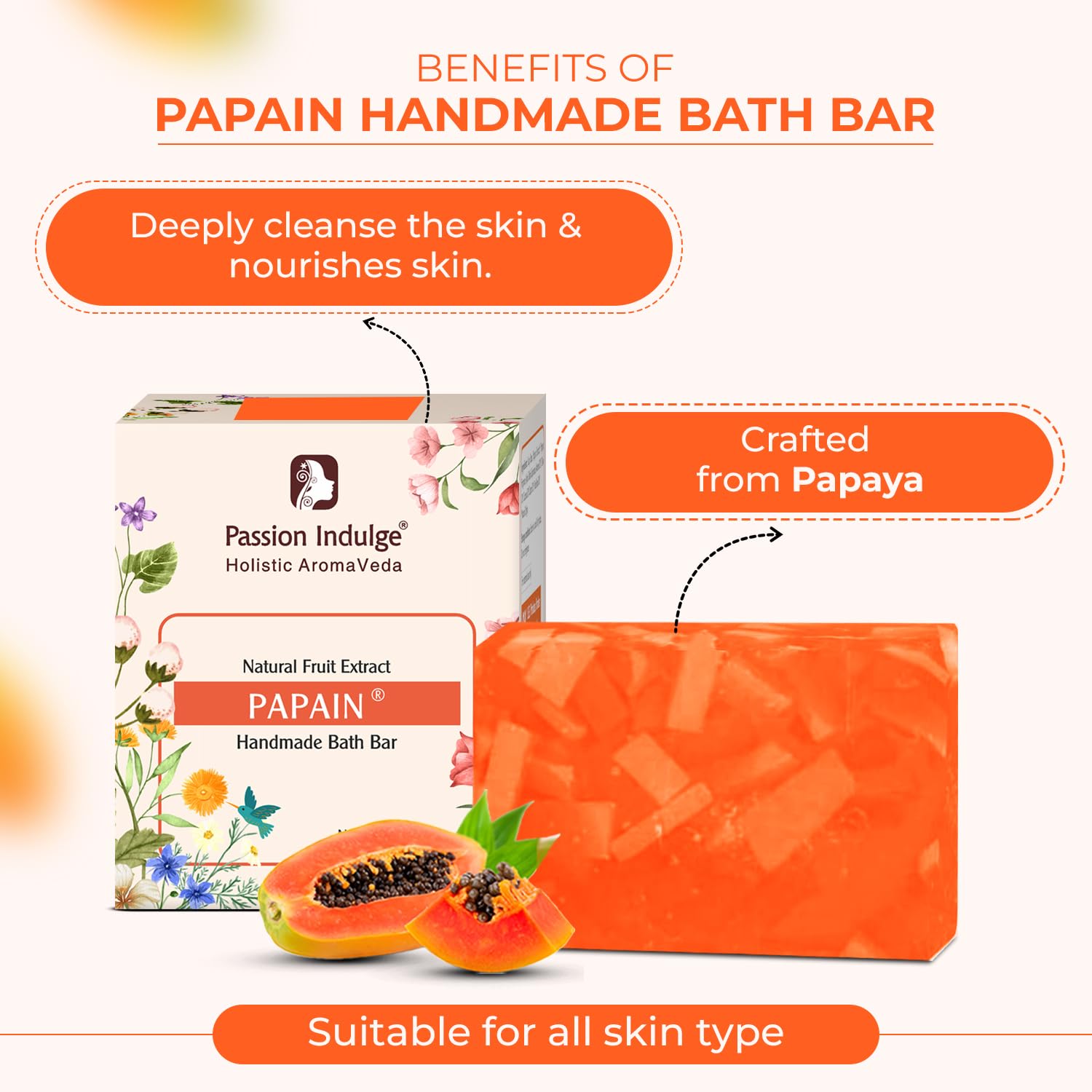 Passion Indulge Papaya Handmade Soap 3 x 100gm, Natural Essential Oil Nourishing Bath Bar | Deep Cleansing | Bath soap for all type skin | ayurvedic herbal fruit extract bath bar | vegan
