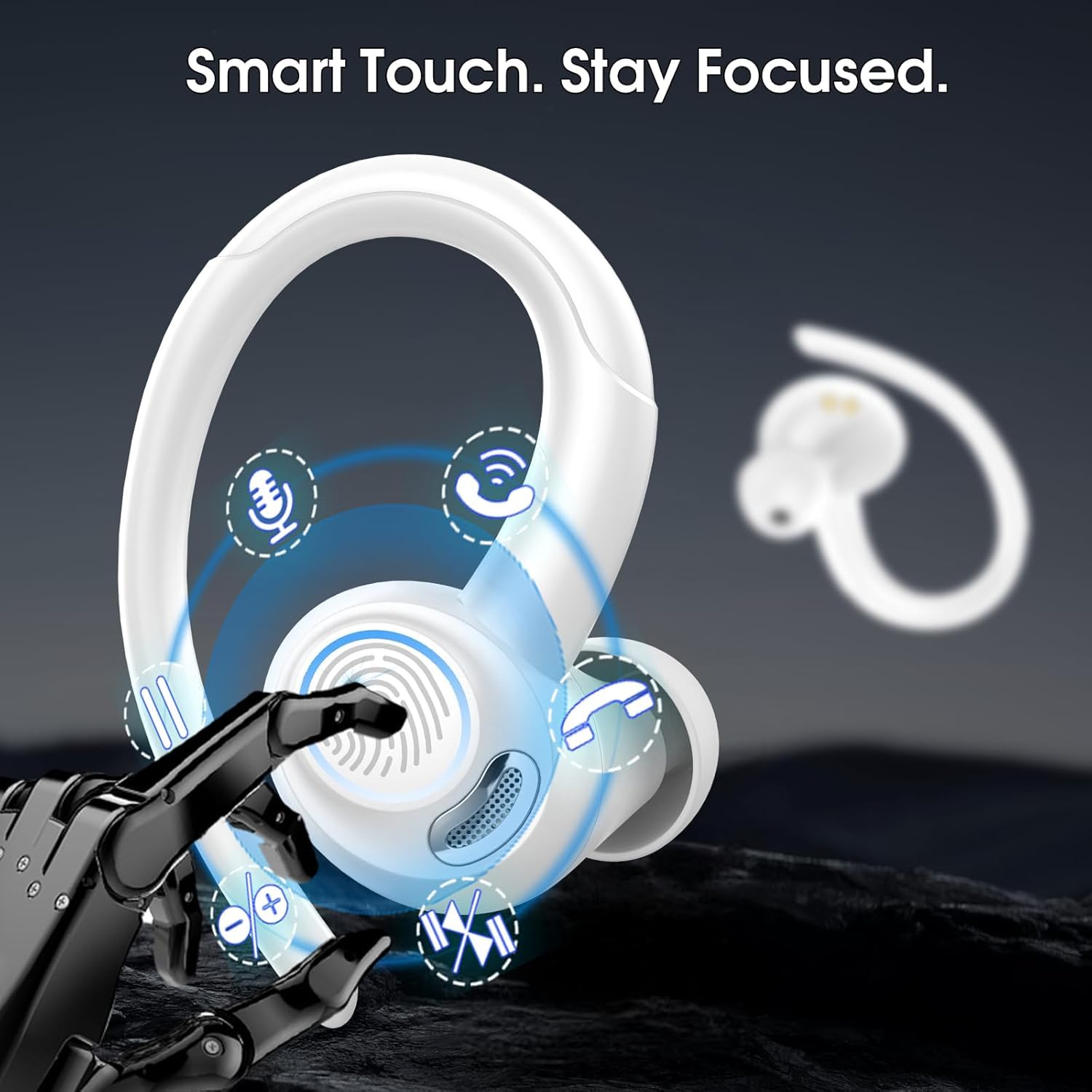 Csasan Auriculares inalámbricos Deportivos, Cascos Sonido Premium | 48H Bluetooth 5.3 Auriculares con HD Micrófono y Pantalla LED, Diseño de Gancho de Aire, iOS Android para Deportes, Blanco
