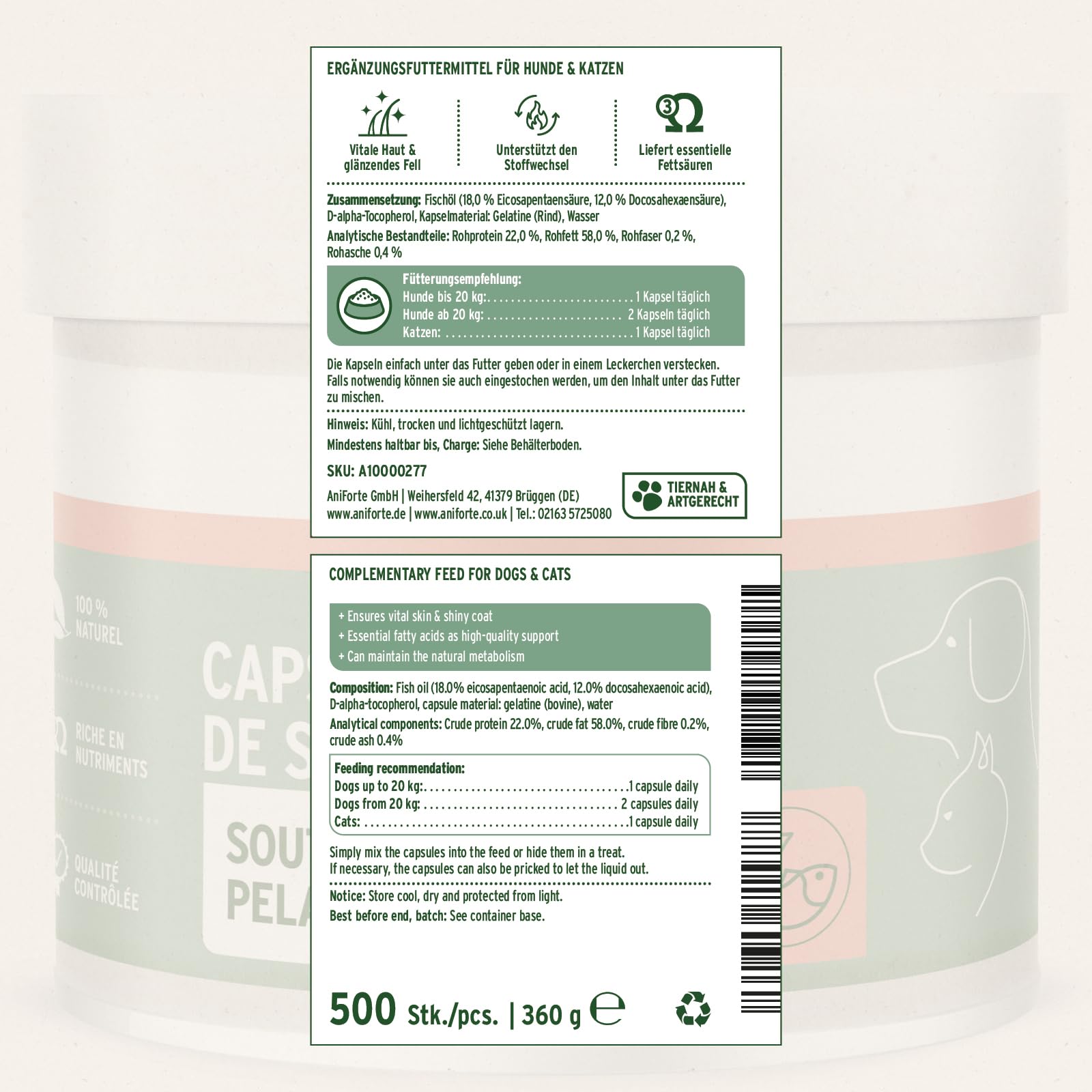 AniForte Gélules d’Huile de Saumon 500 pour Chiens & Chats – Poisson Riche en Oméga‑3 & 6, Vitamines pour Pelage, Os et Santé Globale