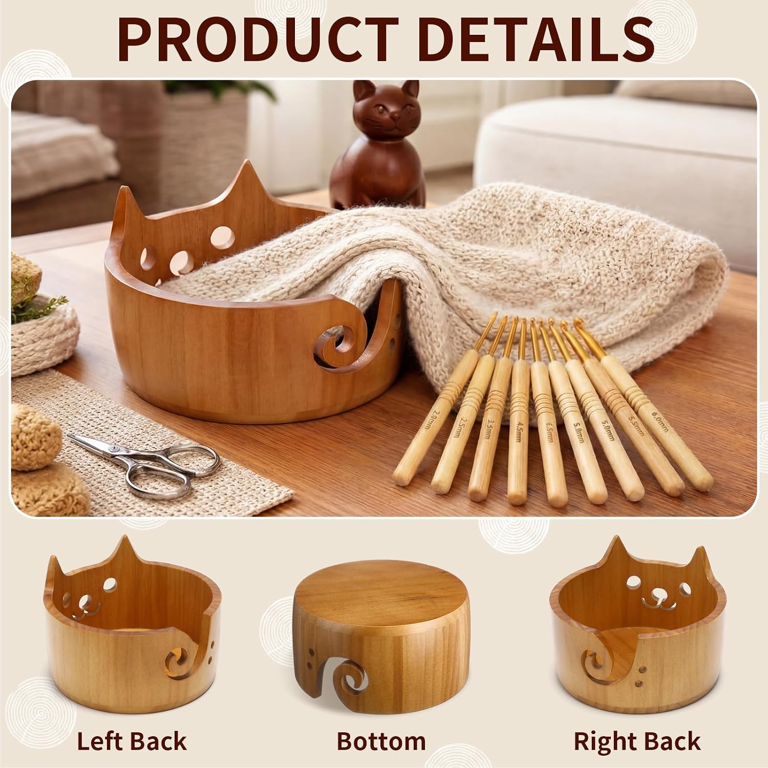 Giegxin Wooden Cat Yarn Bowl Large Polished Crochet Bowl with 9 Pcs Crochet Hook Pine Wool Yarn Holder for Knitting Accessories 7.5 x 5 Inch for Knitting and Crocheting Gift(Light Brown)