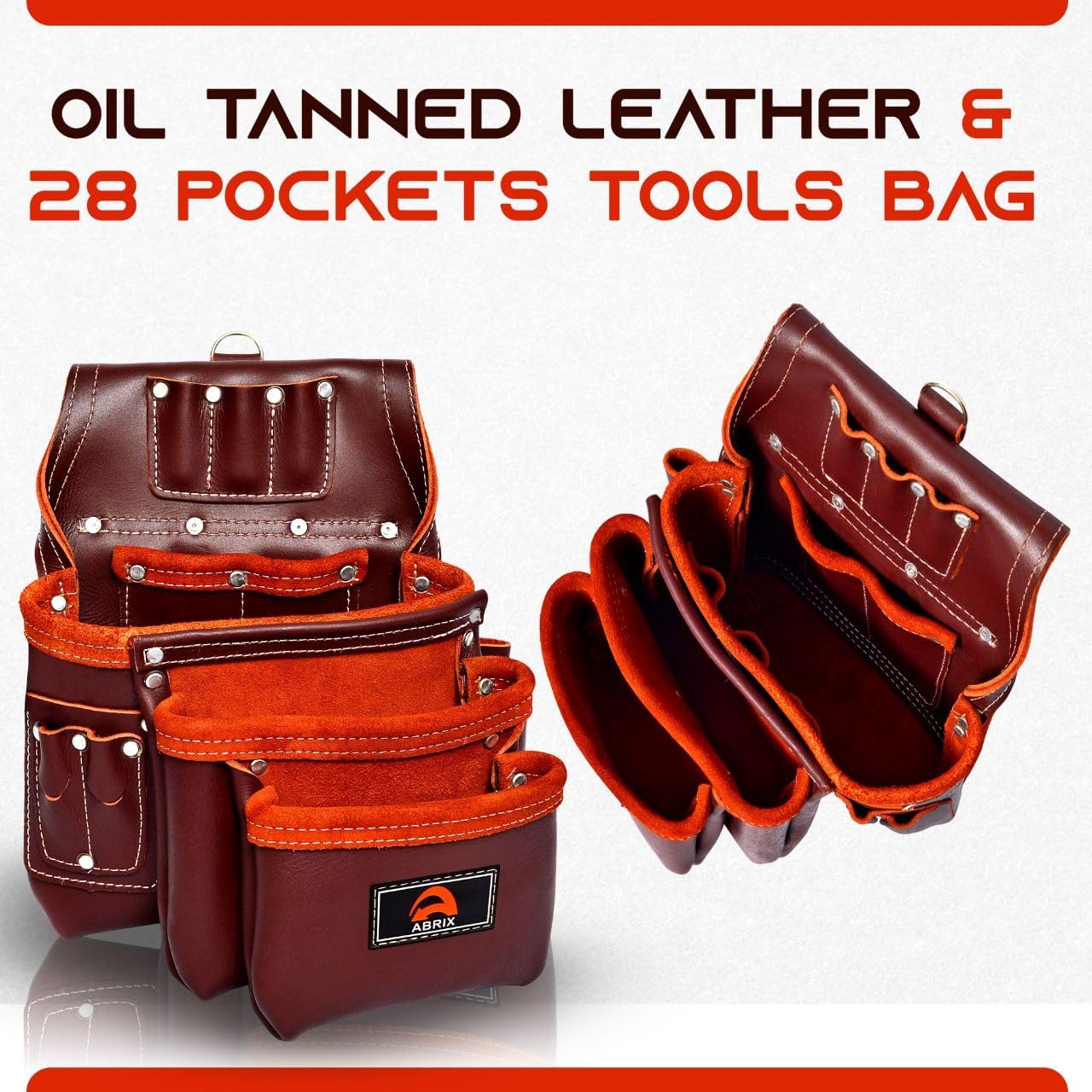 ABRIX Heavy Duty Grain Leather Tool Belt for Men Framing Rig 28 Pockets Carpenter Tool Belt with Suspender Padded construction belt pauchas (Extra Large, 26 Pocket Maroon)