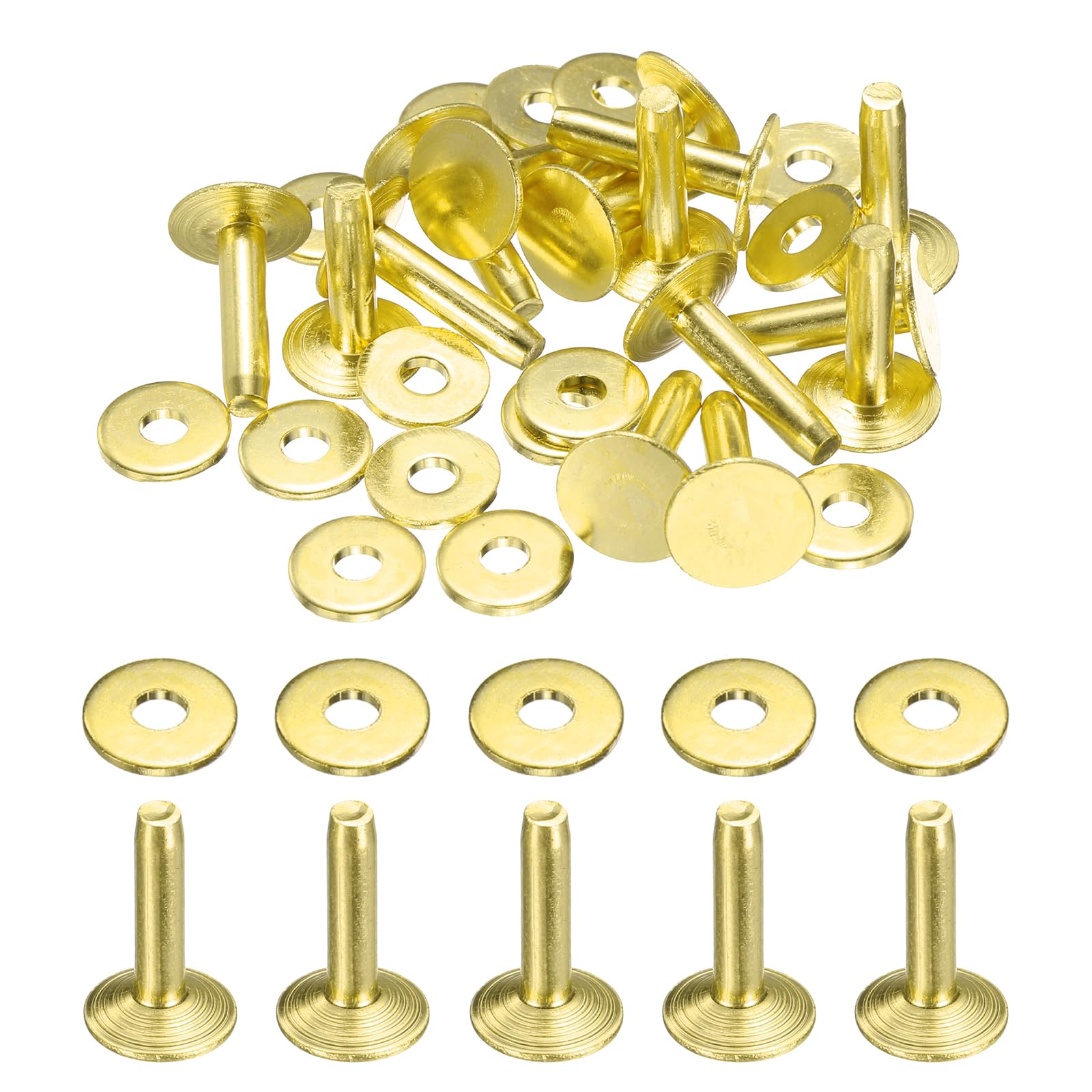 sourcing map 15Set Brass Rivets and Burrs Washers 10x3.3x14mm Polish Finish Solid Leather Rivet Fastener Studs Posts for Leather DIY Craft Belts Wallets Collars, Gold Yellow