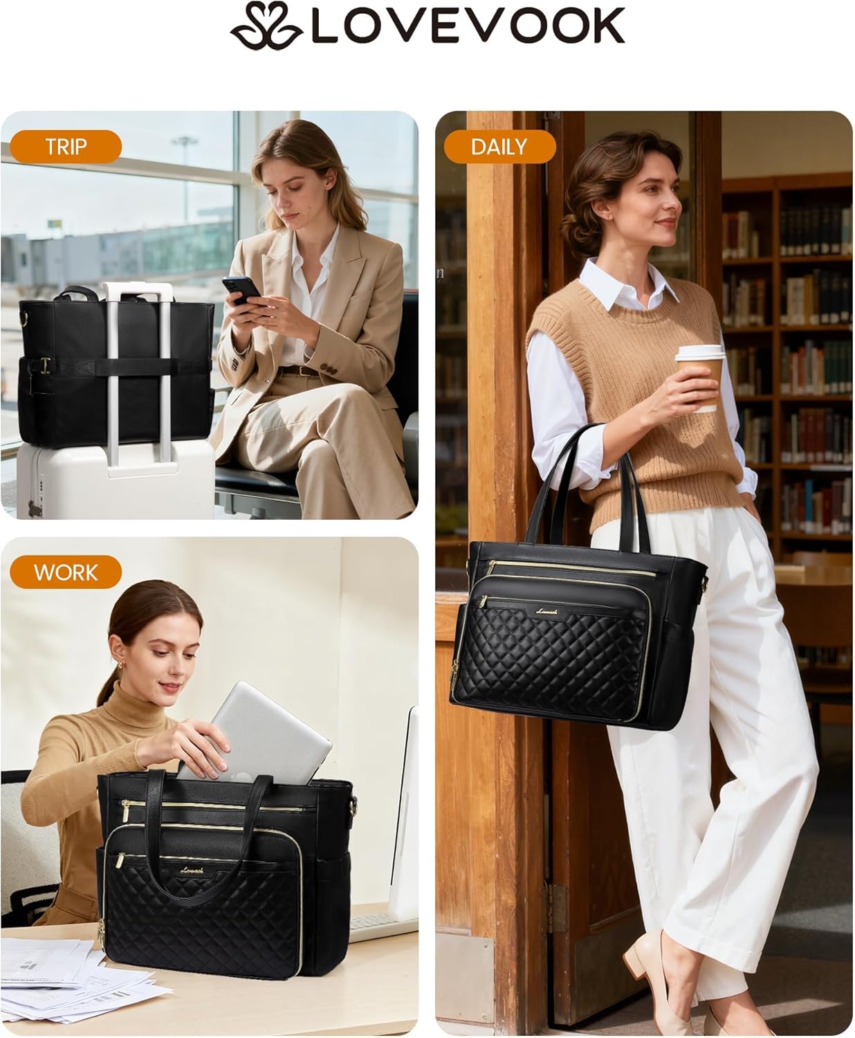 LOVEVOOK Teacher Tote Bag with Accordion File Pocket, Soft PU Leather Work Briefcase Quilted Laptop Bag with Large Cup Holder - Image 2