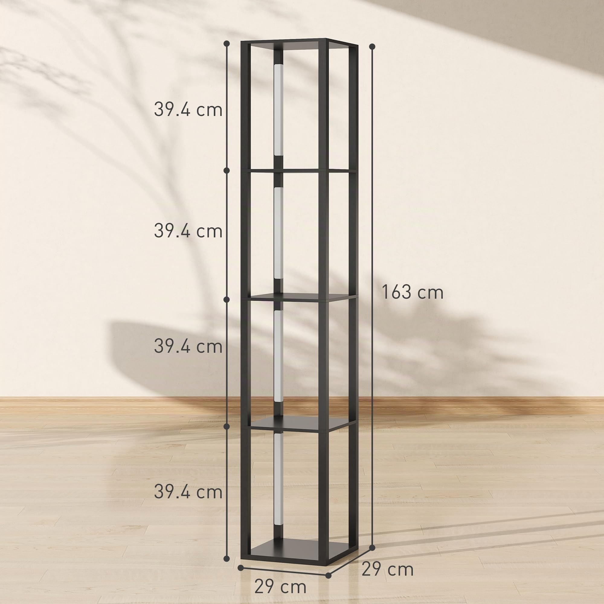 HOMCOM Lampada da Terra con 4 Ripiani Luce Dimmerabile 29x29x163 cm Nero | 3 Luminosità Regolabili, Interruttore a Pedale, Piantana Lampada da Terra, per Soggiorno, Salotto e Camera
