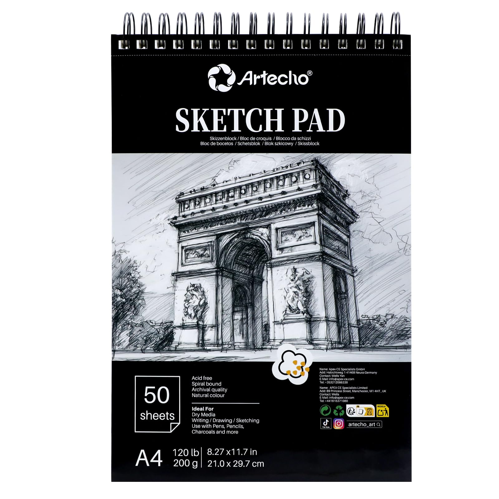 Artecho Skizzenbuch A4, 50 Blatt, Zeichenblock 200 g/m², Sketchbook für Sketch, Lernen, Drawing, Künstlerbedarf für Künstler, Gebunden