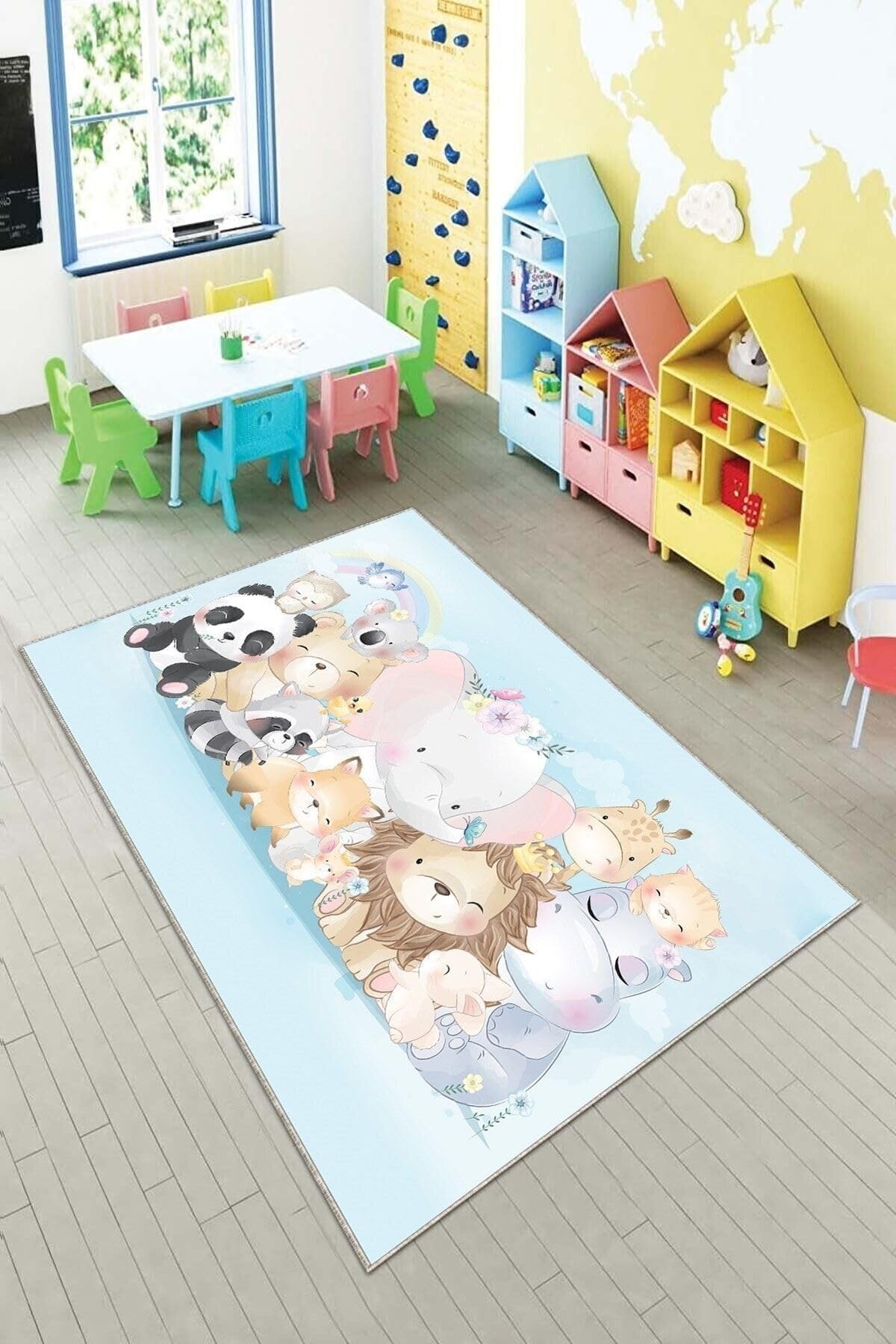 Pelangi Mavi Hayvan Desenli Yıkanabilir Kaymaz Taban Leke Tutmazbebek Ve Çocuk Odası Halısı, Açık Mavi 130 x 180, 901357053130180
