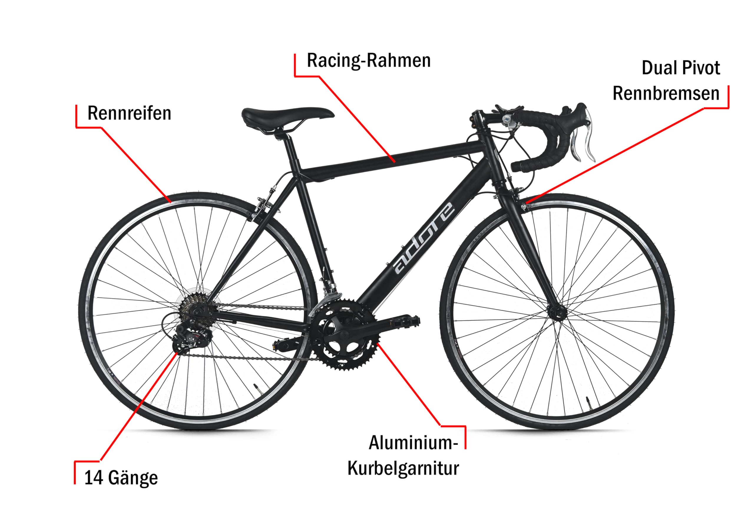 Adore Rennrad 28'' Racer Schwarz 14 Gänge RH 51 cm