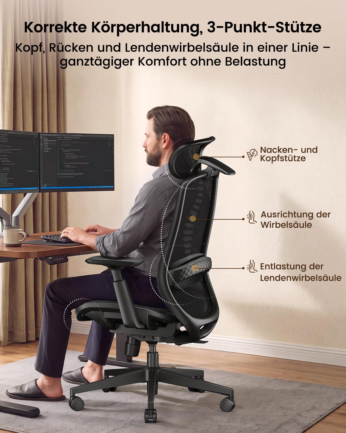 ProtoArc EC200 Pro Ergonomisch Netz-Bürostuhl mit Verstellbarer Sitztiefe | Schreibtischstuhl mit 4D-Armlehnen, Lendenwirbelstütze Höhen- und Tiefenverstellbarer, 3D-Kopfstütze für Homeoffice, Schwarz
