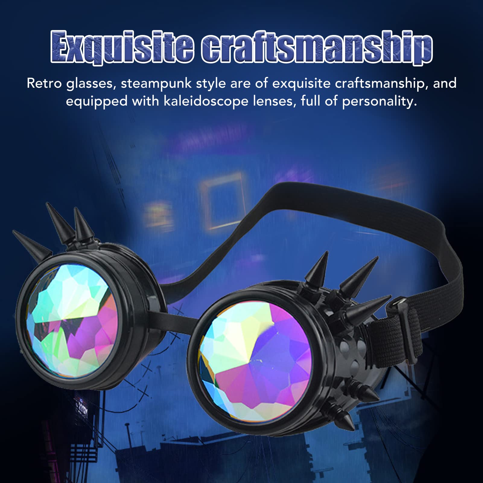 Steampunk Retro Eyewear PC e lenti abbaglianti con caleidoscopio ABS con cinturino elastico regolabile per la festa di decorazione retrò Halloween (Nero)