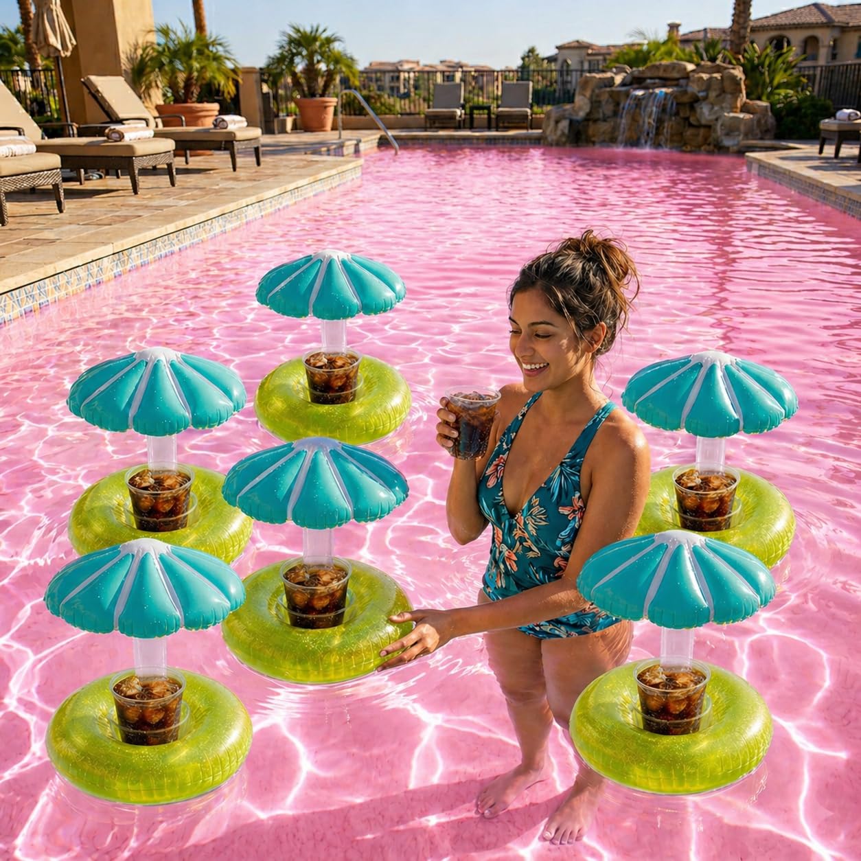 Inflatable Cooler Floating Drink Cooler for Parties, 2in1 Pool Drink Floatie and Party Supplie,Floats Drink Cup Holder Coasters for Beverage Beer Bottle,Swimming Party Drink Cooler-image-9