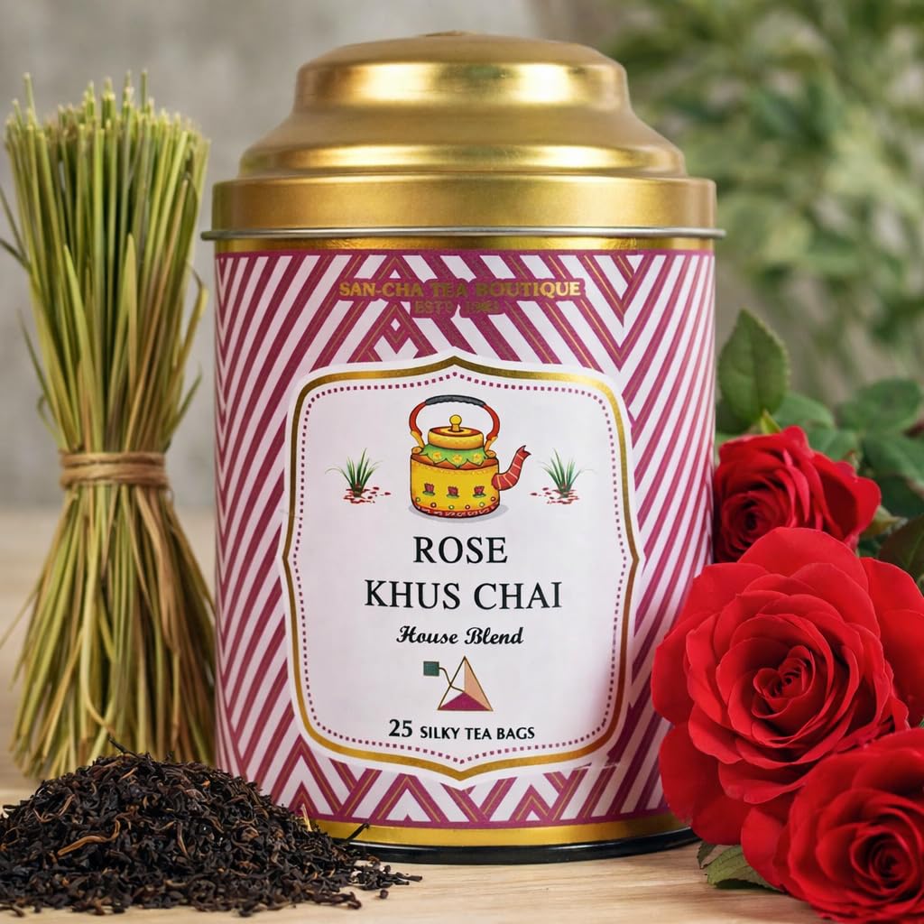 Sancha Tea Boutique, Rose Khus Chai, 25 Pyramid Bags, Royal Masala Tea Blend with Rose Petals & Khus Grass, Aromatic & Refreshing Herbal Chai