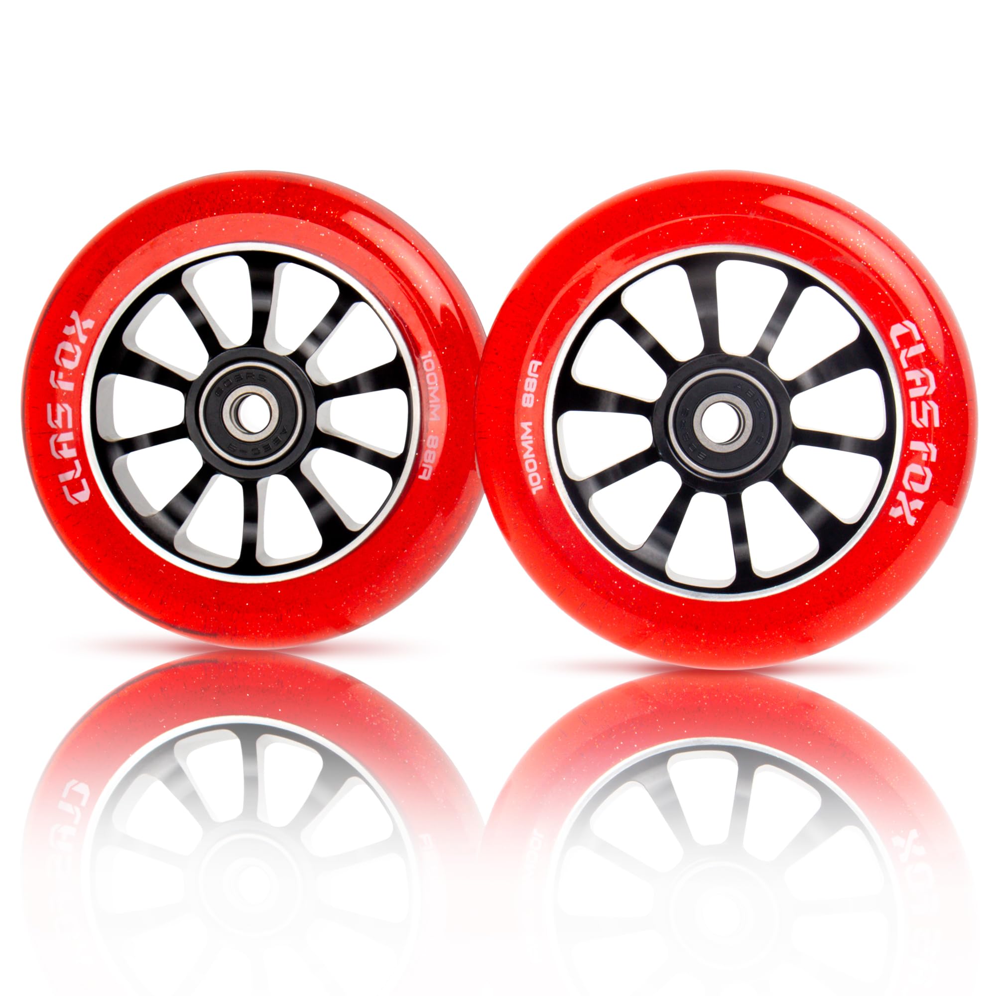 Pro Scooter Wheels 100mm Transparent Sparkle PU with ABEC-9 Bearings CNC Metal Core (2pcs) (Red)