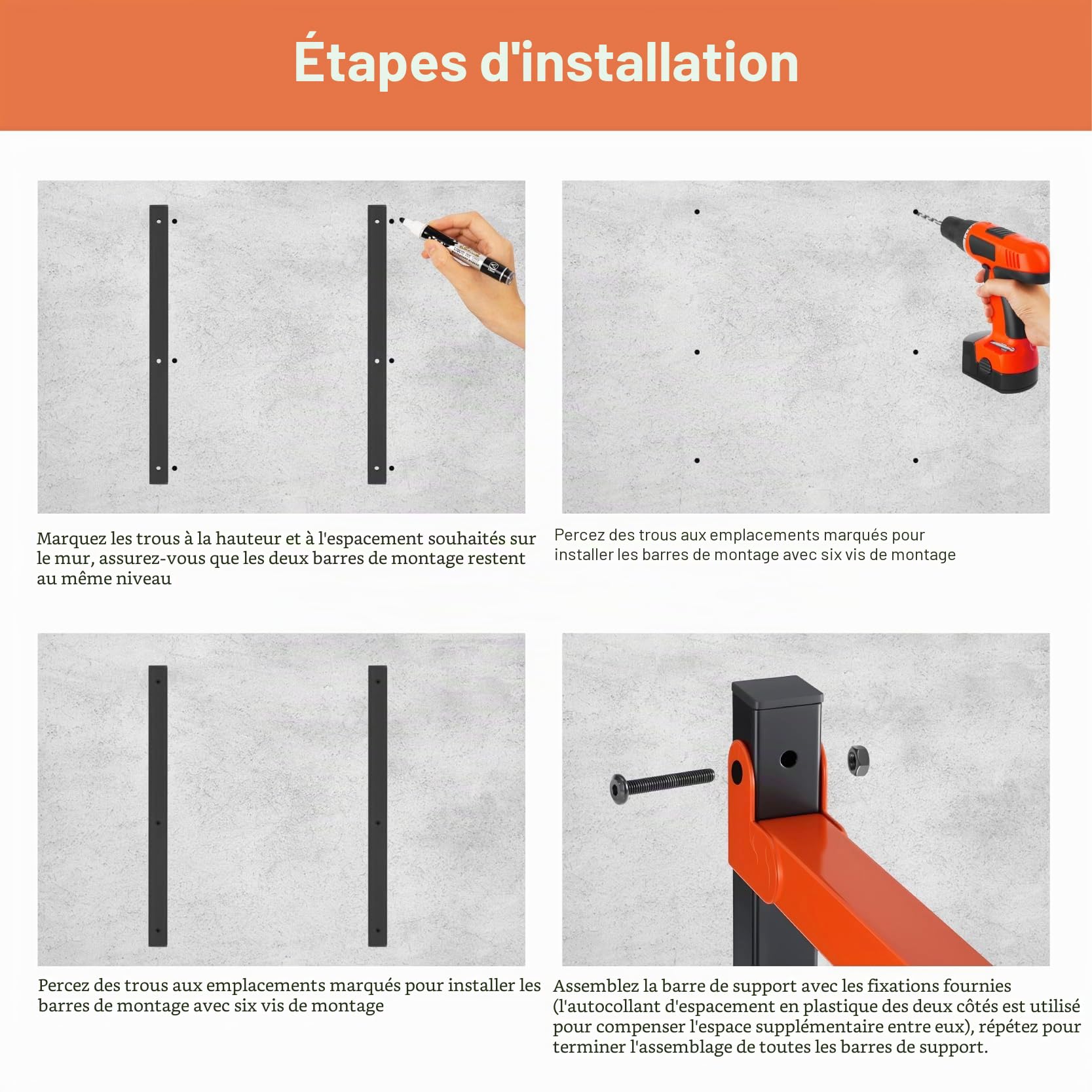 Rack de Rangement pour Bois 4PK, Support Mural Haute Résistance | Racks Métal Orange Contiennent Contreplaqué, Planches & Bois, Rangement Gain Place Atelier & Garage