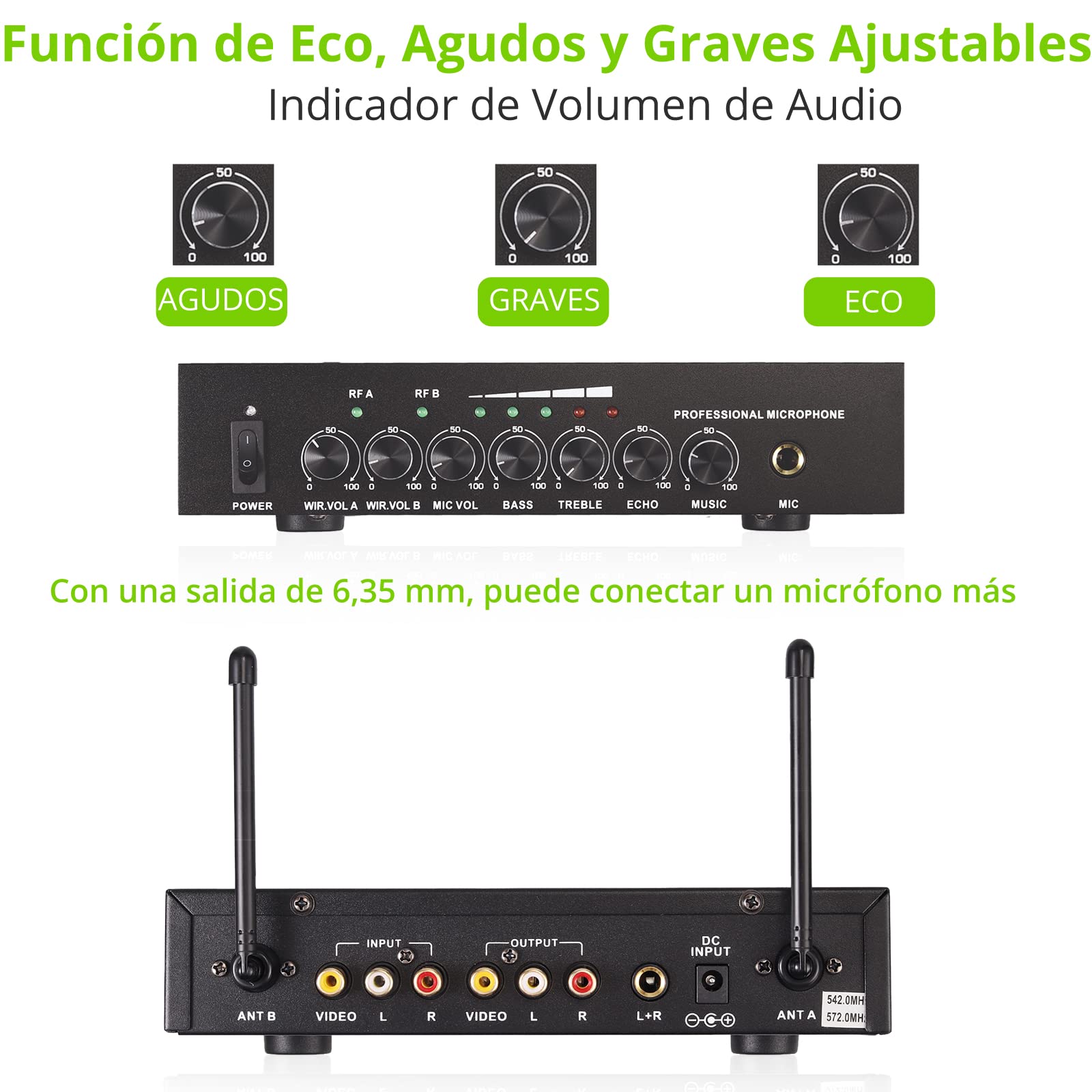 Sistema de Micrófono Inalámbrico Portátil Profesional Bluetooth 4.2 Micrófono Karaoke Dual con Eco Agudos Graves con Receptor Cable de Audio de 6.35 mm/RCA para Reunión Boda Fiesta DJ Iglesia Regalo