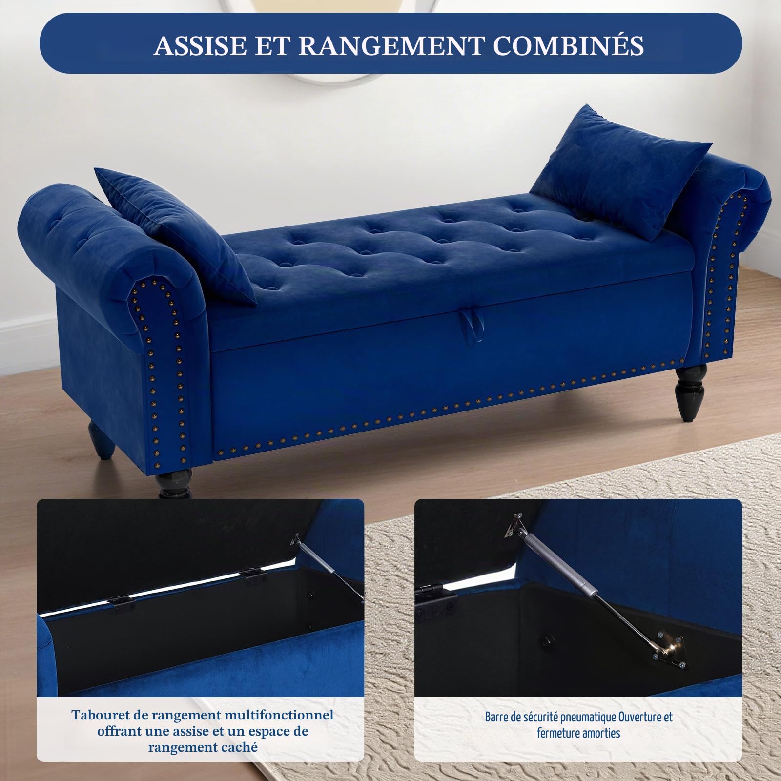 Clevich Banc de Rangement 133 cm avec Vérin à Gaz, Bleu