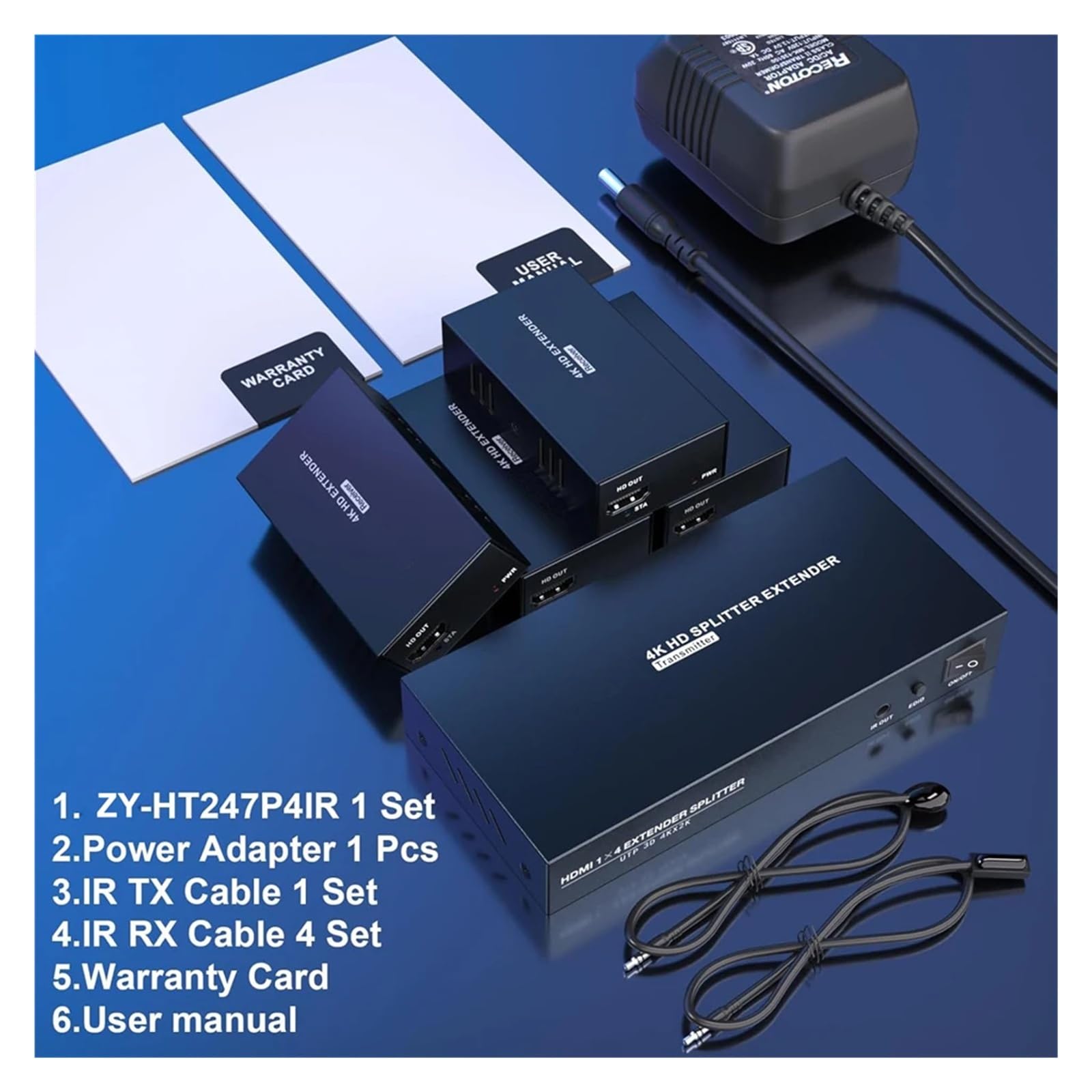 4K 60Hz Extender Splitter 1x4 3D RJ45 60m Ethernet Transmission Over CAT5e/6/7 4 Channel 1 Loop Out