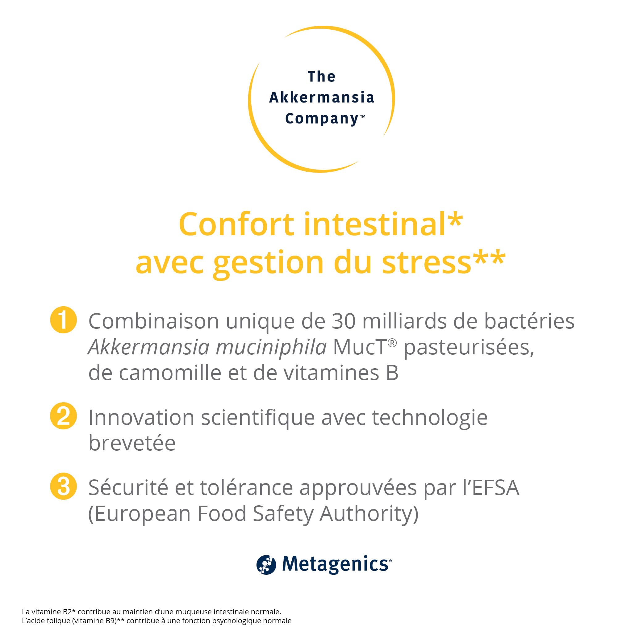 The Akkermansia Company Confort Intestinal - 30 Mds Probiotiques, Camomille, Vit. B2 & B9 - Santé Digestive, Stress & Muqueuses - 30 Comprimés Végans