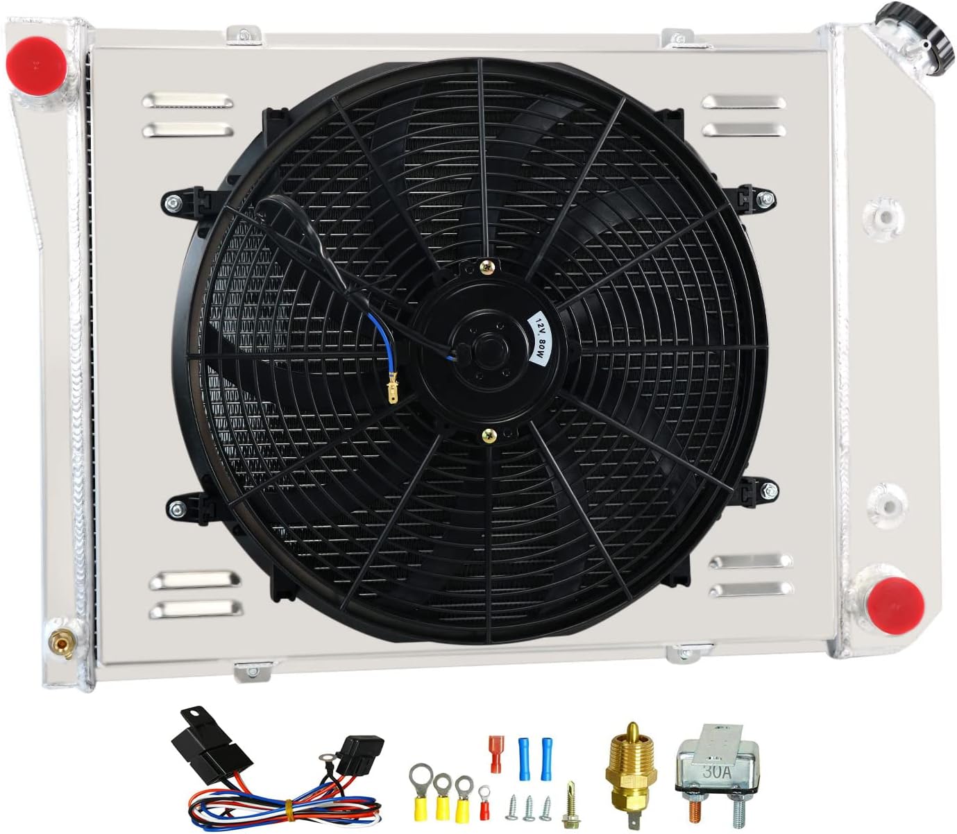 CU571 Aluminum Radiator for 1964-1987 Chevy Camaro Chevelle El Camino Monte Carlo, 3 Row Core Radiators + Shroud/Fan + Relay Kit