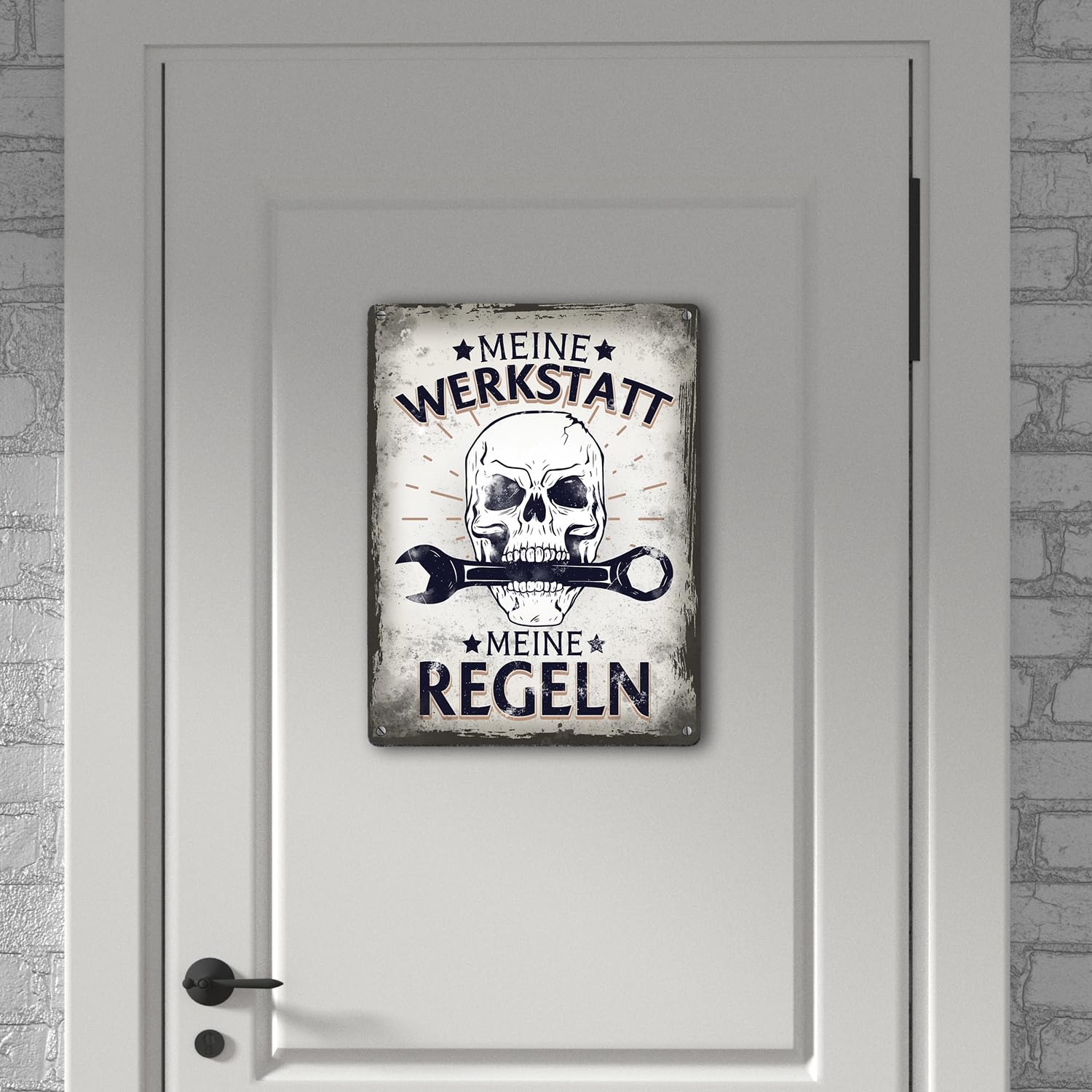 Meine Werkstatt meine Regeln mit trupia Czaszka Metalowa tabliczka XXL 28 x 38 cm jako prezent dla wszystkich hobbystów i majsterkowiczów jako tabliczka na drzwi do warsztatu, aby podkreślić miłość do