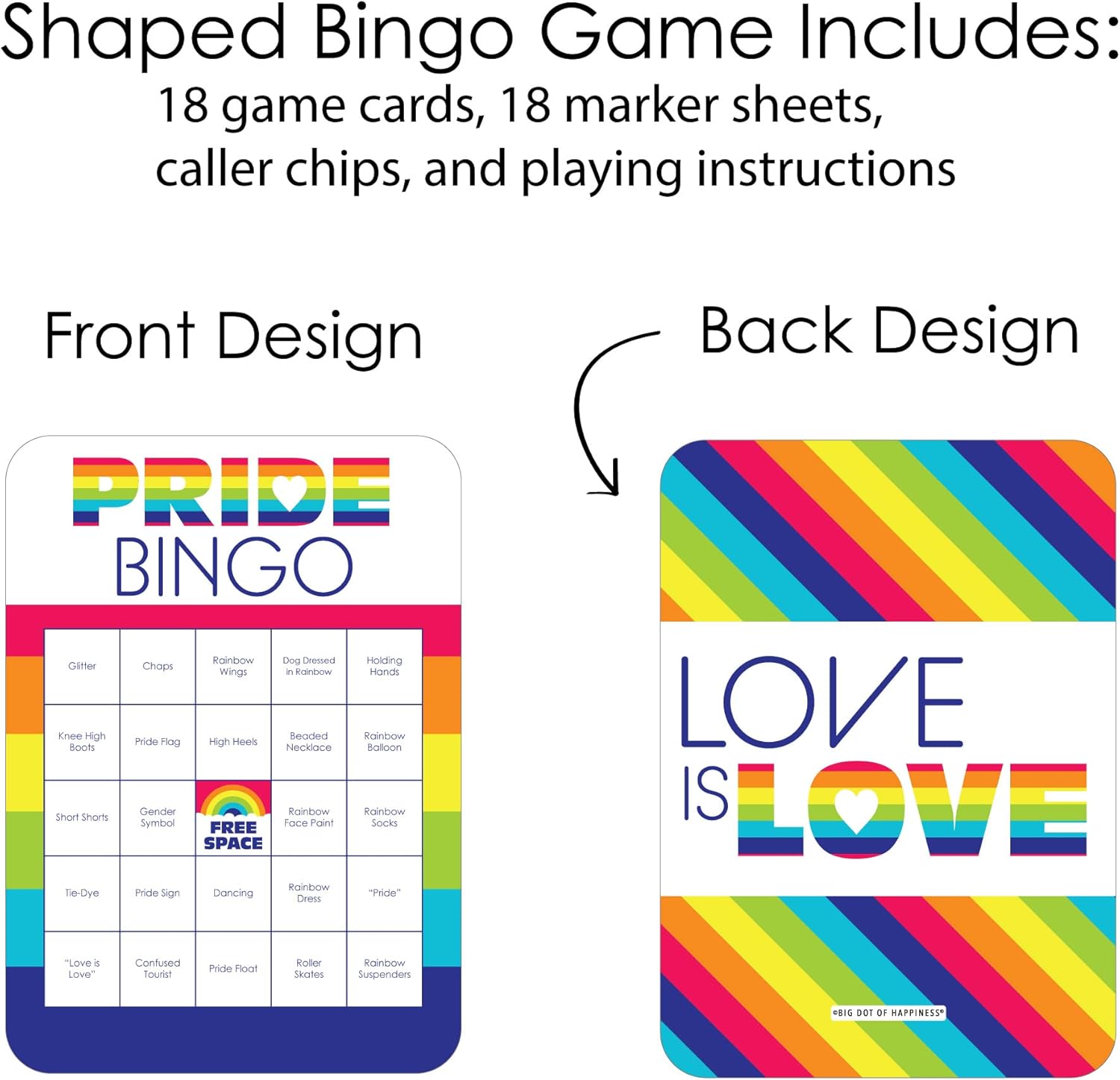 Big Dot of Happiness Love is Love - Bar Bingo Cards and Markers - Pride Rainbow Party Shaped Bingo Game - Set of 18