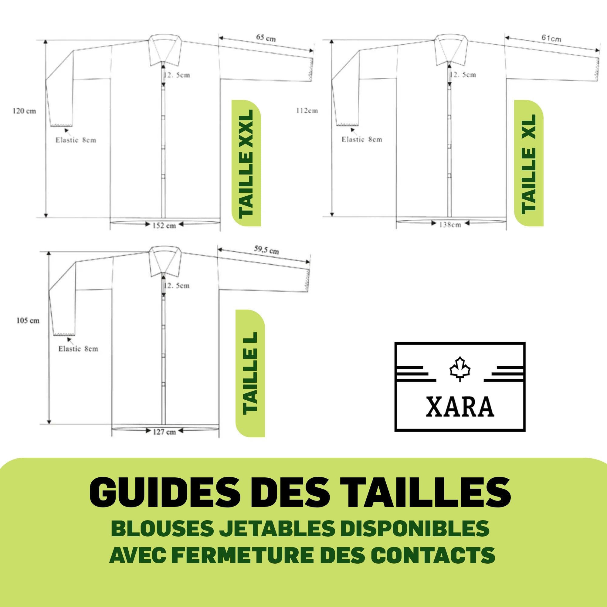 XARA Blouses Jetables Medical TNT avec Fermeture par Contact de 35 g - Lot 10 - Surblouse Jetable Respirant et Résistant - Protection et Hygiène - Taille Unique L - 105x127CM - Couleur Blanc